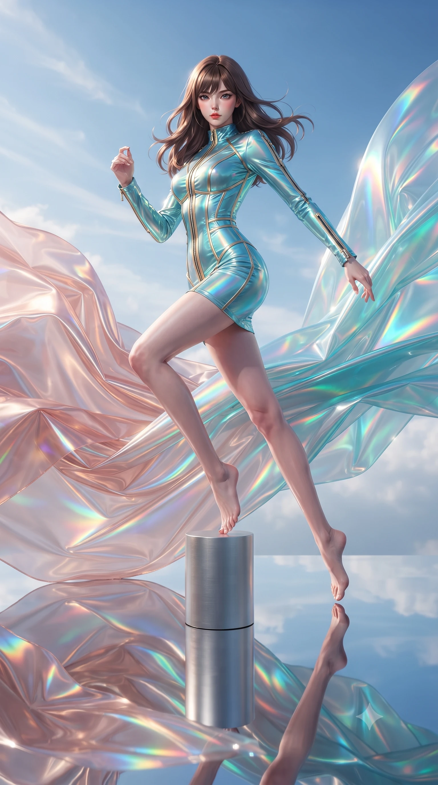 score_9, masterpiece, best quality, ultra-detailed, high-budget anime keyframe, editorial fashion photography, tasteful artistic composition, Korean woman. low angle full-body shot from head to toe showing her feet, filling the entire 9:16 vertical frame with her statuesque presence, stretching her vertical silhouette. leaping dynamically through the luminous sky, her posture full of power and elegance, poised on a platinum pedestal as holographic organza drapes swirl in gentle breeze, mirror floor reflecting billowing silk folds with high-definition clarity. She has an absolutely perfect, statuesque 8.5-heads proportion, an exceptionally tall and slender model-like female figure with impossibly long slender legs and an ultra-slim waist. sharp v-shaped jawline, high-bridge nose, intricate jewel-like eyes with depth, thick eyelashes, glossy lips with a natural sheen. wearing aerodynamic second-skin rose-gold metallic bodycon dress in sky blue turquoise, made of iridescent turquoise taffeta, finished with metallic gold boning and sleek zipper points, highlighting her statuesque proportions and ultra-slim waistline. illuminated by brilliant multi-color rainbow light refracting through holographic organza. ultra-reflective glossy finish, specular highlights, metallic sheen, high-contrast stereoscopic depth, volumetric dynamic lighting, 2k, ultra detail, master piece, 9:16 ratio