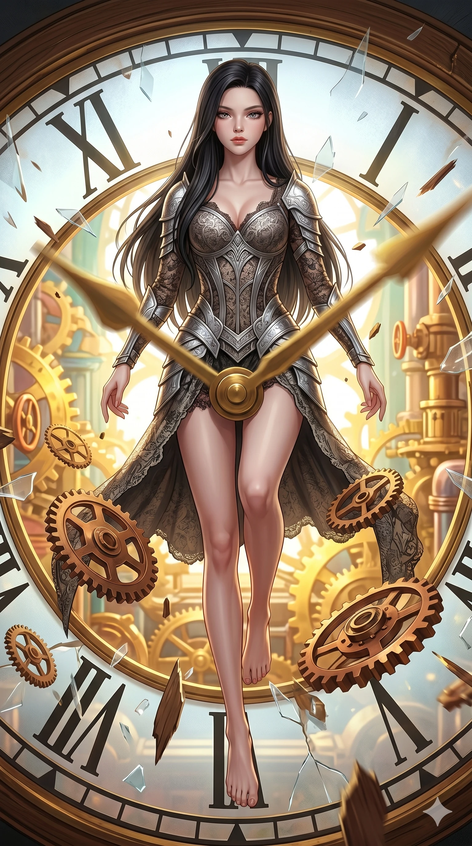score_9, masterpiece, best quality, ultra-detailed, Set A: Photorealistic 8k CG, Japanese woman. Low angle cowboy shot filling the entire 9:16 frame with her statuesque presence. Leaping through a giant clock face as the hands spin rapidly and gears fly. She has an absolutely perfect 8-heads proportion, an exceptionally tall and slender female figure with elegant long slender legs and an slender waist. Sharp v-shaped jawline, high-bridge nose, intricate jewel-like eyes with depth, thick eyelashes, glossy lips. Wearing a Dark Fantasy outfit: lace corset gown with silver armor and a sophisticated v-neckline. Background is a bright and colorful steampunk interior with golden gears and flying metal parts. 2k, ultra detail, master piece, 9:16 ratio