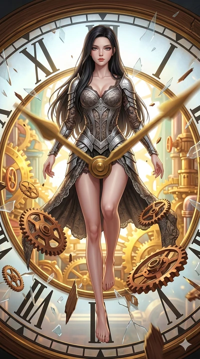 score_9, masterpiece, best quality, ultra-detailed, Set A: Photorealistic 8k CG, Japanese woman. Low angle cowboy shot filling the entire 9:16 frame with her statuesque presence. Leaping through a giant clock face as the hands spin rapidly and gears 