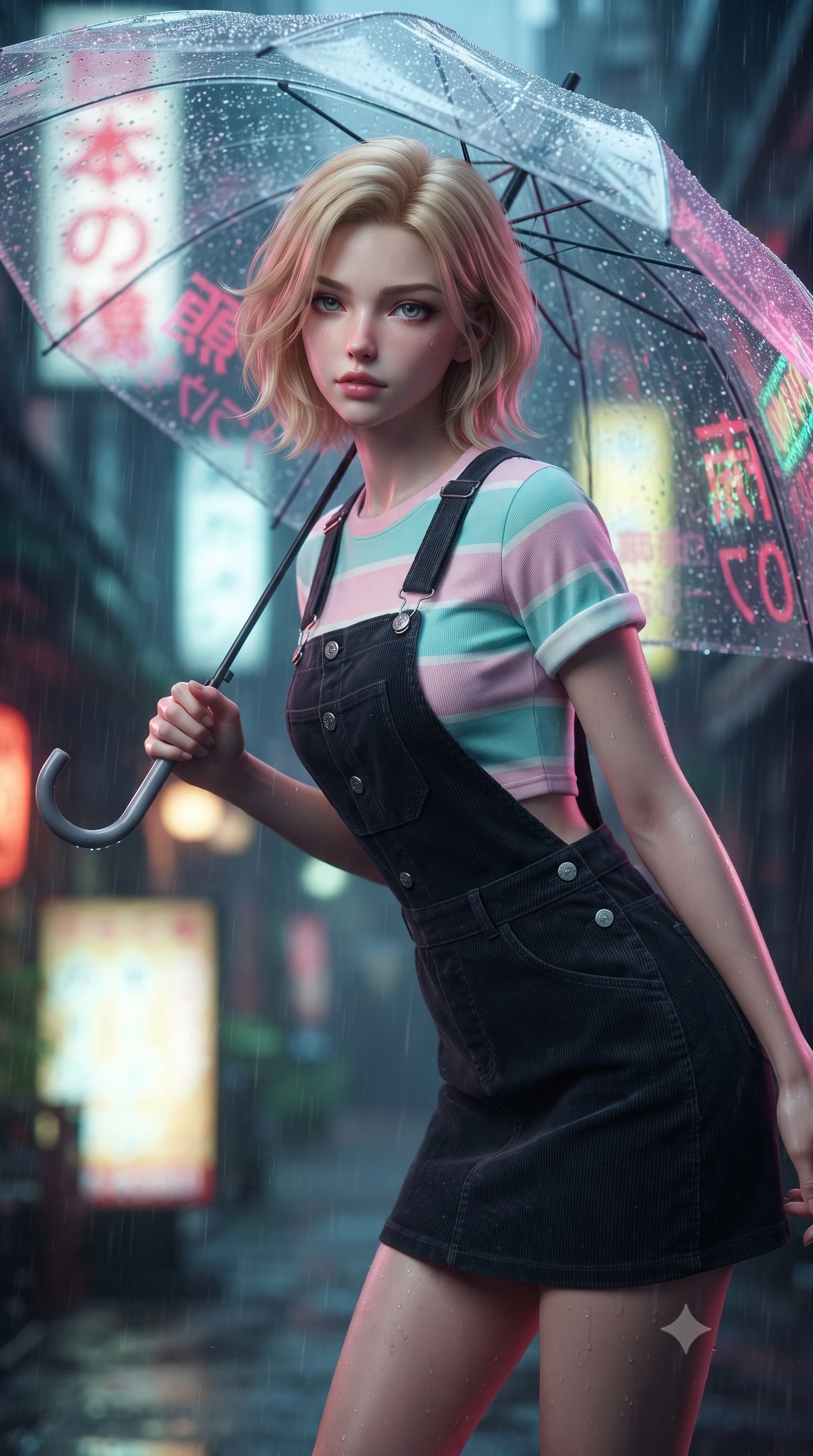 score_9, masterpiece, best quality, ultra-detailed, high-budget anime keyframe, editorial fashion photography, tasteful artistic composition, Caucasian woman. close-up cowboy shot from the waist and thighs up, the character dominates the composition, filling the frame with her large presence. leaning forward with playful, captivating grace, her sculpted collarbones and slender neckline highlighted by directional light while strolling along a rain-drenched 1990s Tokyo neon back-alley, holding a transparent umbrella that catches vivid reflections. The composition keeps background elements in soft focus with creamy bokeh. splattering raindrops on umbrella plastic and neon glare scattering soft nostalgic light motes. She has an exceptionally elegant, slender, and willowy female figure with an ultra-slim waist, a gracefully sculpted slender torso, toned flat midriff, and a refined slim silhouette. sharp v-shaped jawline, high-bridge nose, intricate jewel-like eyes with depth, thick eyelashes, glossy lips with a natural sheen, captivating and magnetic expression, flawlessly proportioned anatomical accuracy, strict slender model proportions, natural body alignment, perfectly sculpted long slender limbs, ultra-slim waistline, clean dynamic posture without body distortion. wearing a vintage corduroy dungaree dress layered over a pastel striped baby-tee with rolled cuffs in retro turquoise, baby pink, and white, made of crisp lightweight vintage crinkle nylon, finished with polished mother-of-pearl buttons and tailored flap pockets, the precision-cut daring openings accentuating her delicate midriff, graceful bare collarbones, and ultra-slim feminine waistline. surrounded by a romantic, moody, and irresistibly nostalgic 90s city-pop heroine aura. ultra-reflective glossy finish, specular highlights, rich textural contrasts, high-contrast stereoscopic depth, volumetric dynamic lighting, 2k, ultra detail, master piece, 9:16 ratio