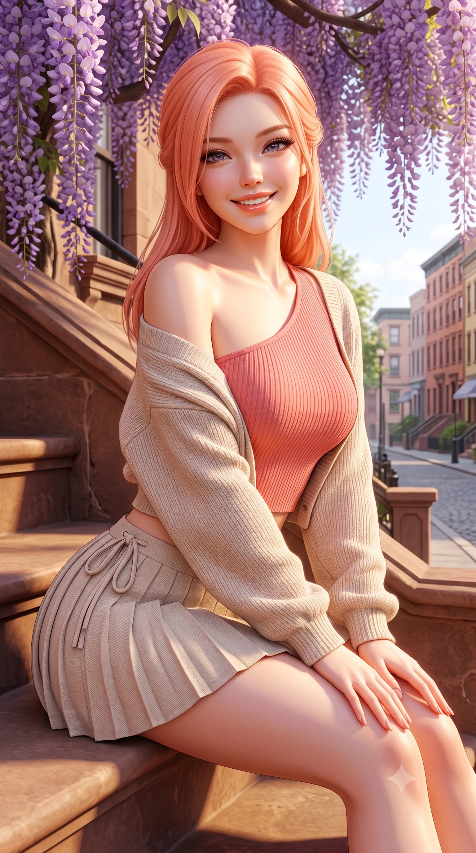 score_9, masterpiece, best quality, ultra-detailed, high-budget anime keyframe, semi-realistic 3D game render, editorial fashion photography, tasteful artistic composition, Japanese woman. close-up cowboy shot from the waist and thighs up, the character dominates the composition, filling the frame with her large presence. leaning forward with playful cute grace while arching her lower back to accentuate her curvy hips, looking into the camera with a bright cheerful smile and alluring coquettish bedroom-eyes while sitting gracefully on the warm brownstone stone steps beneath cascading purple wisteria vines, arching her lower back with a radiant, cute smile. The surrounding environment is rendered in vivid detail and crisp panoramic clarity. detailed denim and knit outfit texture, golden sun specular glints on skin, and Village streetscape clarity in high resolution. She has an exceptionally elegant, slender, and willowy female figure with an ultra-slim waist, flat toned midriff, narrow ribcage, and sculpted feminine hips creating an alluring, slim hourglass silhouette without bulk. sharp v-shaped jawline, high-bridge nose, intricate jewel-like sparkling eyes with depth, thick eyelashes, glossy parted lips with a natural peach sheen, bright cheerful beaming smile with an enchanting and coquettish sensual glint, exuding both youthful cute charm and seductive allure, flawlessly proportioned anatomical accuracy, strict slender model proportions, natural body alignment, perfectly sculpted long slender limbs, ultra-slim waistline, clean dynamic posture without body distortion. wearing an asymmetrical one-shoulder ribbed top paired with a micro-pleated skirt with side hip ties in warm coral pink and soft oatmeal beige, formed from supple second-skin stretch ribbed knit clinging to her form, complemented by an oversized soft knit cardigan slipping off one bare shoulder, the liquid-tight tailored fabric clinging flawlessly to her narrow waist and rounded feminine hips, emphasizing every millimeter of her sculpted slim hourglass curves without any bulky heaviness. illuminated by warm sandstone stoop bounce light contouring her razor-sharp jawline, narrow waist, and curvy hips. highly saturated vibrant anime colors, detailed shading with soft gradients, rich glossy textures, high-contrast stereoscopic depth, volumetric dynamic lighting, master piece, 9:16 ratio