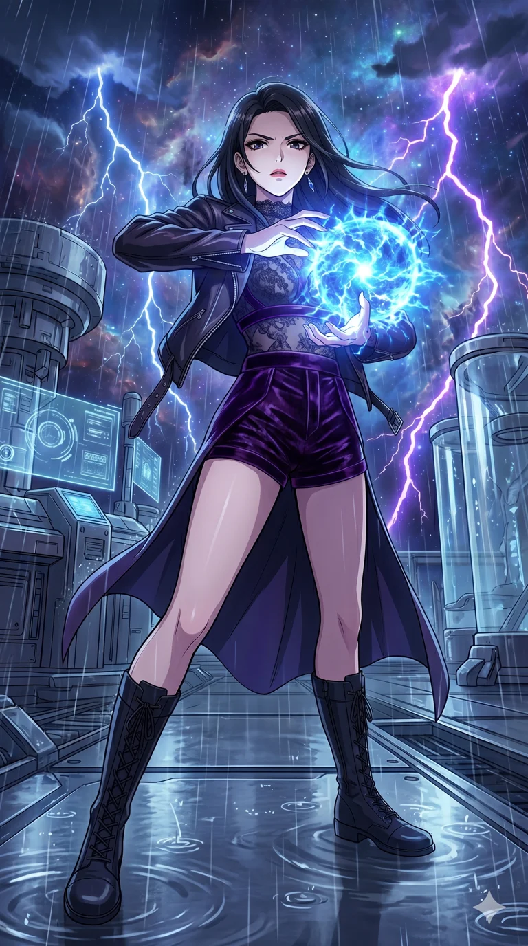 score_9, masterpiece, best quality, ultra-detailed, High-budget Anime Keyframe, vibrant colors, fluid line-art, expressive lighting, cinematic composition, Ufotable-style visual effects, top-tier animation quality, Japanese woman with delicate and elegant anime-inspired features. Wide-angle low shot emphasizing her impossibly long slender legs and commanding stature. Charging a devastating energy blast between her palms during a fierce thunderstorm on a metallic plateau, lightning striking around her. She has an absolutely perfect 8-heads proportion, an exceptionally tall and slender female figure with impossibly long slender legs and an ultra-slim waist, her statuesque height and towering silhouette dominating the vertical 9:16 frame. Her face is a masterpiece featuring a sharp v-shaped jawline, high-bridge nose, intricate jewel-like eyes with depth, thick eyelashes, and glossy lips with a natural sheen. She is wearing a Unzipped deeply leather jacket over a delicate sheer lace bra and a high-waisted harness crafted from Crushed dark velvet with a deep, rich texture that absorbs light and glows at the edges, with a dangerous high slit that showcases her impossibly long slender legs. The scene is set in a high-tech research laboratory with glowing glass tanks and complex holographic interfaces, illuminated by flickering starlight and nebula glow providing a mystical and vast ambiance. 2k, ultra detail, master piece, 9:16 ratio