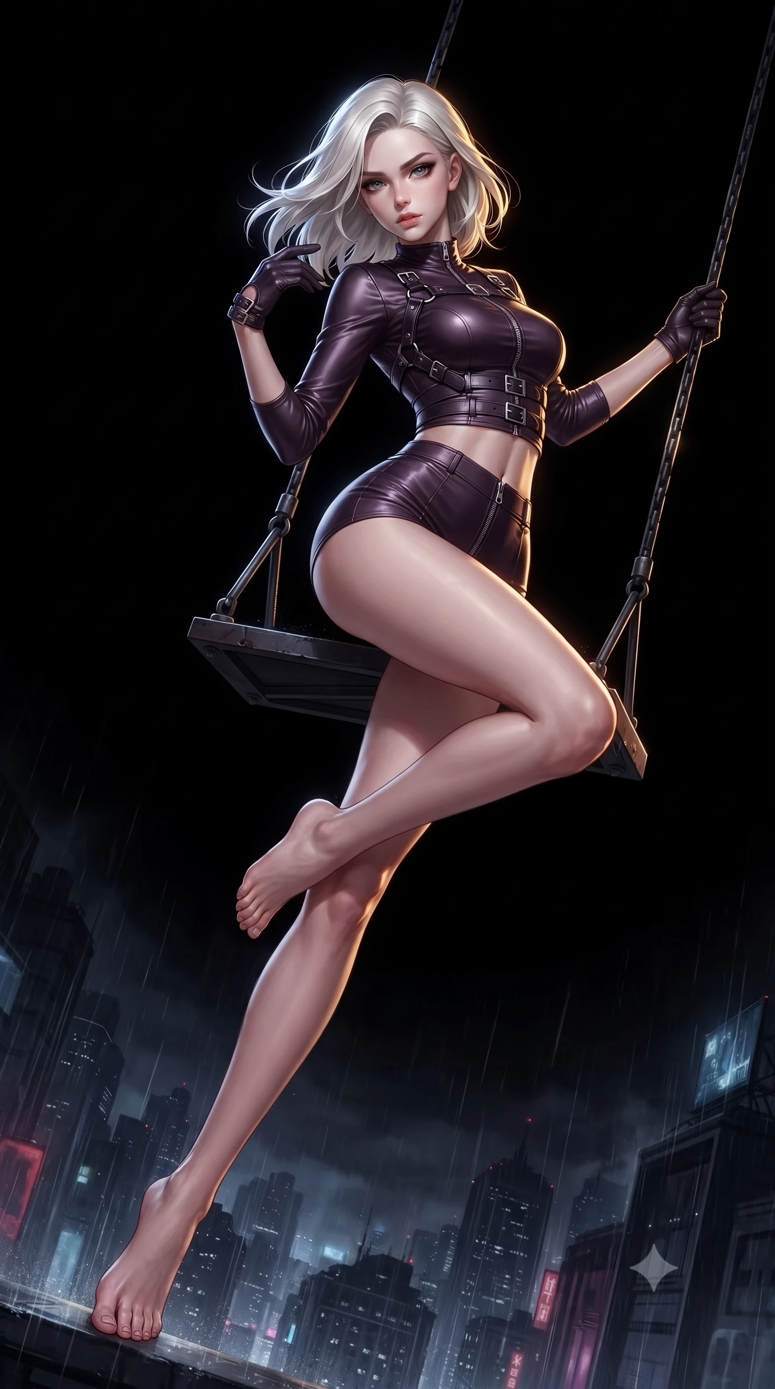 score_9, masterpiece, best quality, ultra-detailed, high-budget anime keyframe, editorial fashion photography, tasteful artistic composition, Caucasian woman. low angle full-body shot from head to toe showing her feet, filling the entire 9:16 vertical frame with her statuesque presence, stretching her vertical silhouette. leaping dynamically through the pitch-black void, her posture full of power and elegance, resting on a dark metal pendulum swinging over a rain-drenched dark city, dramatic lightning flashes outside casting cold silver rim highlights. She has an absolutely perfect, statuesque 8.5-heads proportion, an exceptionally tall and slender model-like female figure with impossibly long slender legs and an ultra-slim waist. sharp v-shaped jawline, high-bridge nose, intricate jewel-like eyes with depth, thick eyelashes, glossy lips with a natural sheen. wearing high-cut micro-shorts and crop top set with dark leather harness in dark plum violet, made of liquid dark mercury jersey, finished with metallic silver boning and sleek zipper points, following her slender form with tailored precision. lit by intense golden clockwork key light against cold midnight darkness. highly saturated vibrant anime colors, detailed shading with soft gradients, rich glossy textures, high-contrast stereoscopic depth, volumetric dynamic lighting, master piece, 9:16 ratio