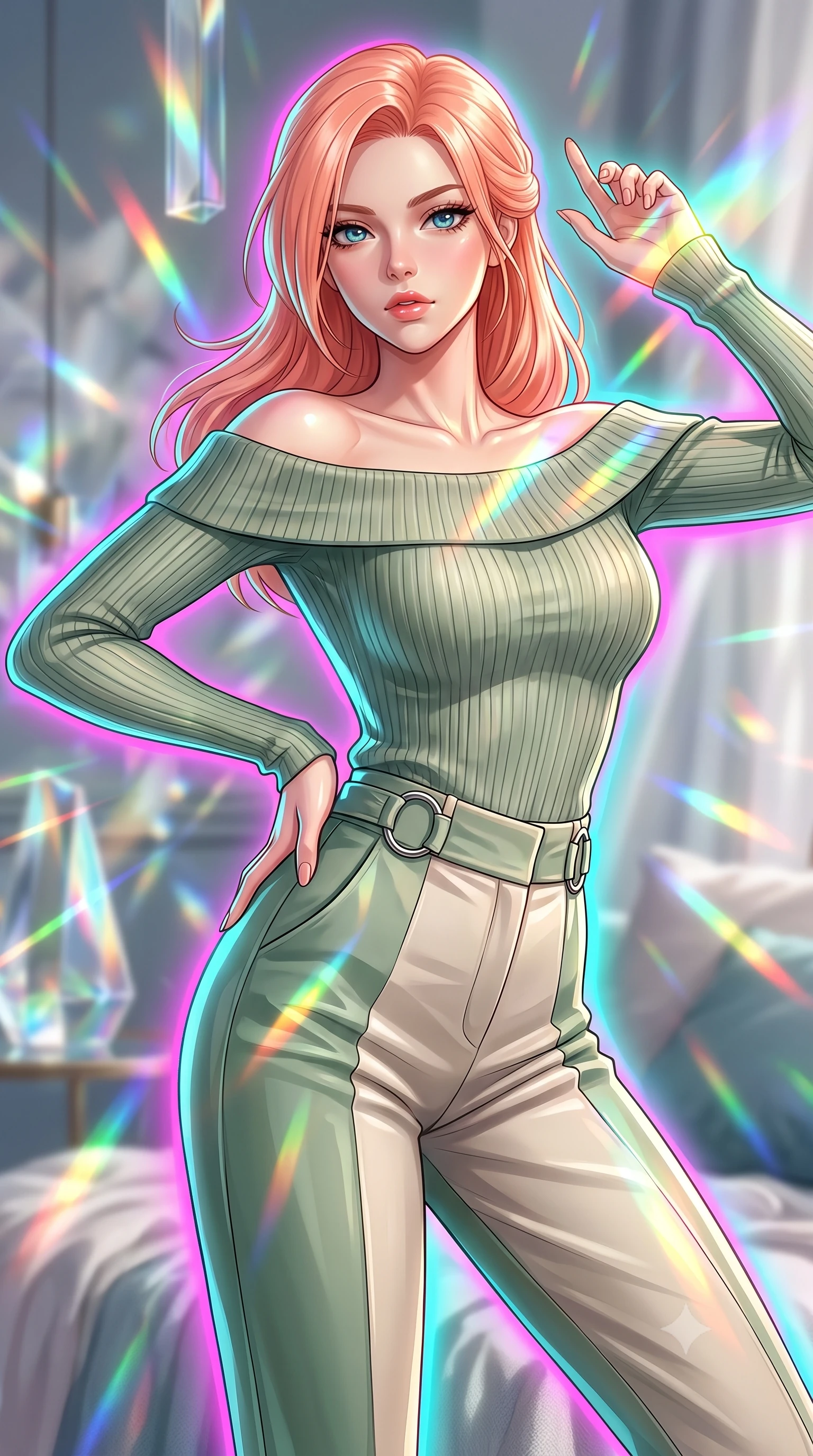 score_9, masterpiece, best quality, ultra-detailed, high-budget anime keyframe, editorial fashion photography, tasteful artistic composition, Japanese woman. close-up cowboy shot from the waist and thighs up, the character dominates the composition, filling the frame with her large presence, background elements kept in soft focus. Holding a powerful dynamic pose with one hand on her hip and body angled dramatically toward the key light while pivoting gracefully mid-air as multi-color light refraction trails follow her movement, shattered glass prisms scattering intense rainbow light rays across her athletic build. She has an exceptionally elegant, slender, and willowy female figure with an ultra-slim waist, a gracefully sculpted slender torso, and a refined silhouette. sharp v-shaped jawline, high-bridge nose, intricate jewel-like eyes with depth, thick eyelashes, glossy lips with a natural sheen, flawlessly proportioned anatomical accuracy, natural body alignment, perfectly sculpted elegant limbs, clean dynamic posture without body distortion. wearing a sleek off-shoulder ribbed knit top paired with high-waist tailored pants in sage green and oatmeal, crafted from smooth liquid silk, accented with delicate chrome ring hardware framing her waist, the elegant draped fit framing her graceful clavicle and slender torso. surrounded by a radiant aura of neon magenta and turquoise fluid highlights. highly saturated vibrant anime colors, detailed shading with soft gradients, rich glossy textures, high-contrast stereoscopic depth, volumetric dynamic lighting, master piece, 9:16 ratio