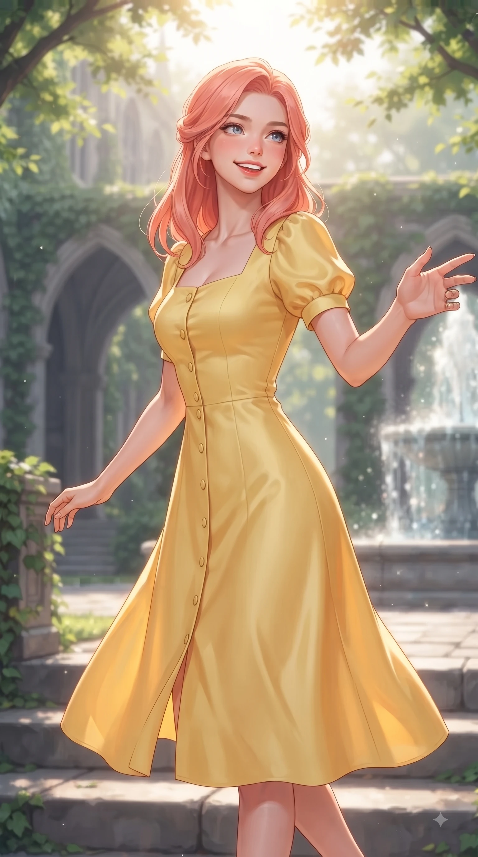 score_9, masterpiece, best quality, ultra-detailed, high-budget anime keyframe, editorial fashion photography, tasteful artistic composition, Japanese woman. close-up cowboy shot from the waist and thighs up, the character dominates the composition, filling the frame with her large presence. Fresh enchanting smile, her eyes twinkling like jewels in the bright sunlight as one arm reaches out cheerfully while pivoting dynamically on the stone steps of an ivy-draped academic hall with a radiant girlhood smile. The composition keeps background elements in soft focus with dreamy bokeh. gothic campus arches and sparkling fountain waters softened in a gentle background haze. She has an exceptionally elegant, slender, and willowy female figure with an ultra-slim waist, a gracefully sculpted slender torso, and a refined silhouette. sharp v-shaped jawline, high-bridge nose, intricate jewel-like eyes with depth, thick eyelashes, glossy lips with a natural sheen, flawlessly proportioned anatomical accuracy, natural body alignment, perfectly sculpted elegant limbs, clean dynamic posture without body distortion. wearing a cheerful daffodil-yellow button-front midi dress with short puff sleeves in refreshing mint green and crisp white, crafted from smooth fluid silk satin, featuring elegant flutter sleeves and a graceful square neckline, the tailored casual silhouette highlighting her fresh and youthful presence. bathed in brilliant sunny morning light filtering through tree canopies. ultra-reflective glossy finish, specular highlights, metallic sheen, high-contrast stereoscopic depth, volumetric dynamic lighting, 2k, ultra detail, master piece, 9:16 ratio