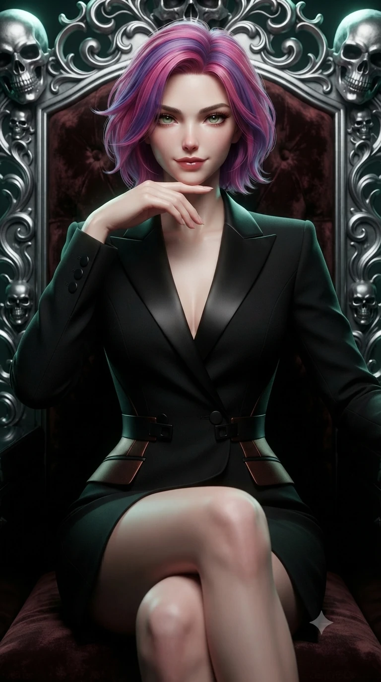 score_9, masterpiece, best quality, ultra-detailed, high-budget anime keyframe, editorial fashion photography, tasteful artistic composition, Caucasian woman. close-up cowboy shot from the waist and thighs up, the character dominates the composition, filling the frame with her large presence. resting her chin on the backs of her fingers with an air of effortless superiority and parted glossy lips while twisting her slender torso in an alluring contrapposto stance before the skull-embossed dais, emerald firelight carving specular highlights along her silhouette. The surrounding environment is rendered in vivid detail and crisp panoramic clarity: sharp silver skull filigree carvings, deep crushed velvet pile texture, and polished obsidian throne arm facets in deep focus. She has an exceptionally elegant, slender, and willowy female figure with an ultra-slim waist, flat toned midriff, narrow ribcage, and sculpted feminine hips creating an alluring, slim hourglass silhouette without bulk. sharp v-shaped jawline, high-bridge nose, intricate jewel-like dark sparkling eyes with hypnotic seductive depth, thick curled eyelashes, glossy parted lips with a natural wine sheen, alluring bedroom-eyes with an enigmatic smoldering smile, exuding magnetic sovereign charisma and dark avant-garde glamour, flawlessly proportioned anatomical accuracy, strict slender model proportions, natural body alignment, perfectly sculpted long slender limbs, ultra-slim waistline, clean dynamic posture without body distortion. wearing a tailored onyx black tux dress with silk lapels and fitted waist in dark burnt copper and matte black, woven from bespoke high-density barathea wool with refined ceremonial hold, adorned with minimalist black onyx hardware framing the silhouette, accentuating her gracefully sculpted slender torso and statuesque proportions. illuminated by velvet dais floor bounce and sharp emerald-platinum rim lights sculpting her razor-sharp jawline, narrow waist, and curvy hips. ultra-reflective glossy finish, specular highlights, metallic sheen, high-contrast stereoscopic depth, volumetric dynamic lighting, 2k, ultra detail, master piece, 9:16 ratio