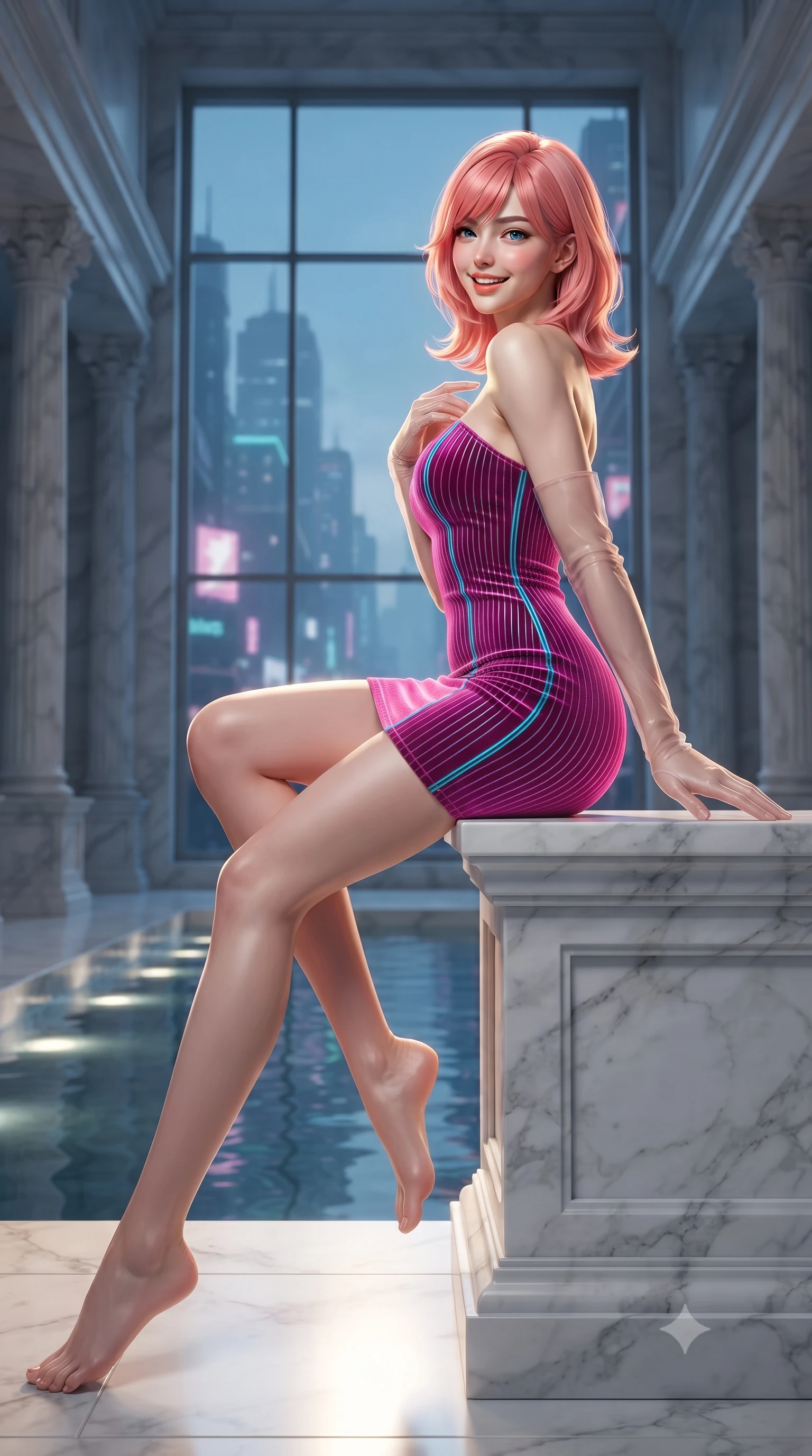 score_9, masterpiece, best quality, ultra-detailed, high-budget anime keyframe, editorial fashion photography, tasteful artistic composition, Japanese woman. low angle full-body shot from head to toe showing her feet, filling the entire 9:16 vertical frame with her statuesque presence, stretching her vertical silhouette. posing in a classic haute-couture S-curve stance beside the floor-to-ceiling window, looking over a bare shoulder with magnetic presence while sitting gracefully on the dry marble pedestal with legs crossed, flashing a radiant smile with parted glossy lips. The surrounding environment is rendered in vivid detail and crisp panoramic clarity: detailed high-fashion silk tailoring, liquid drape, and grand sunken classical architecture in high resolution. She has an exceptionally tall and slender model-like 8.5-heads proportion, an ultra-slim waist, a flat toned midriff, narrow delicate ribcage, and beautifully sculpted feminine hips creating a graceful, slim hourglass silhouette without any bulky heaviness, with impossibly long slender legs. sharp v-shaped jawline, high-bridge nose, intricate jewel-like sparkling eyes with depth, thick eyelashes, glossy parted lips with a natural peach sheen, bright cheerful beaming smile with an enchanting and coquettish sensual glint, exuding both youthful cute charm and seductive allure, flawlessly proportioned anatomical accuracy, strict slender model proportions, natural body alignment, perfectly sculpted long slender limbs, ultra-slim waistline, clean dynamic posture without body distortion. wearing a tailored liquid velvet bodycon dress with metallic fiber pinstripes following her statuesque 8.5-heads silhouette in Neo-Shinjuku neon magenta and electric cyan, crafted from bespoke double-faced cashmere with an exceptionally soft tactile finish, complemented by sheer opera-length evening gloves tracing her slender arms, the form-contouring silhouette accentuating her sculpted flat midriff, narrow delicate ribcage, and gracefully curvy hips with intoxicating allure. illuminated by submerged marble reflection bounce and sharp golden-cyan rim lights sculpting her jawline, narrow waist, and curvy hips. ultra-reflective glossy finish, specular highlights, rich textural contrasts, high-contrast stereoscopic depth, volumetric dynamic lighting, 2k, ultra detail, master piece, 9:16 ratio