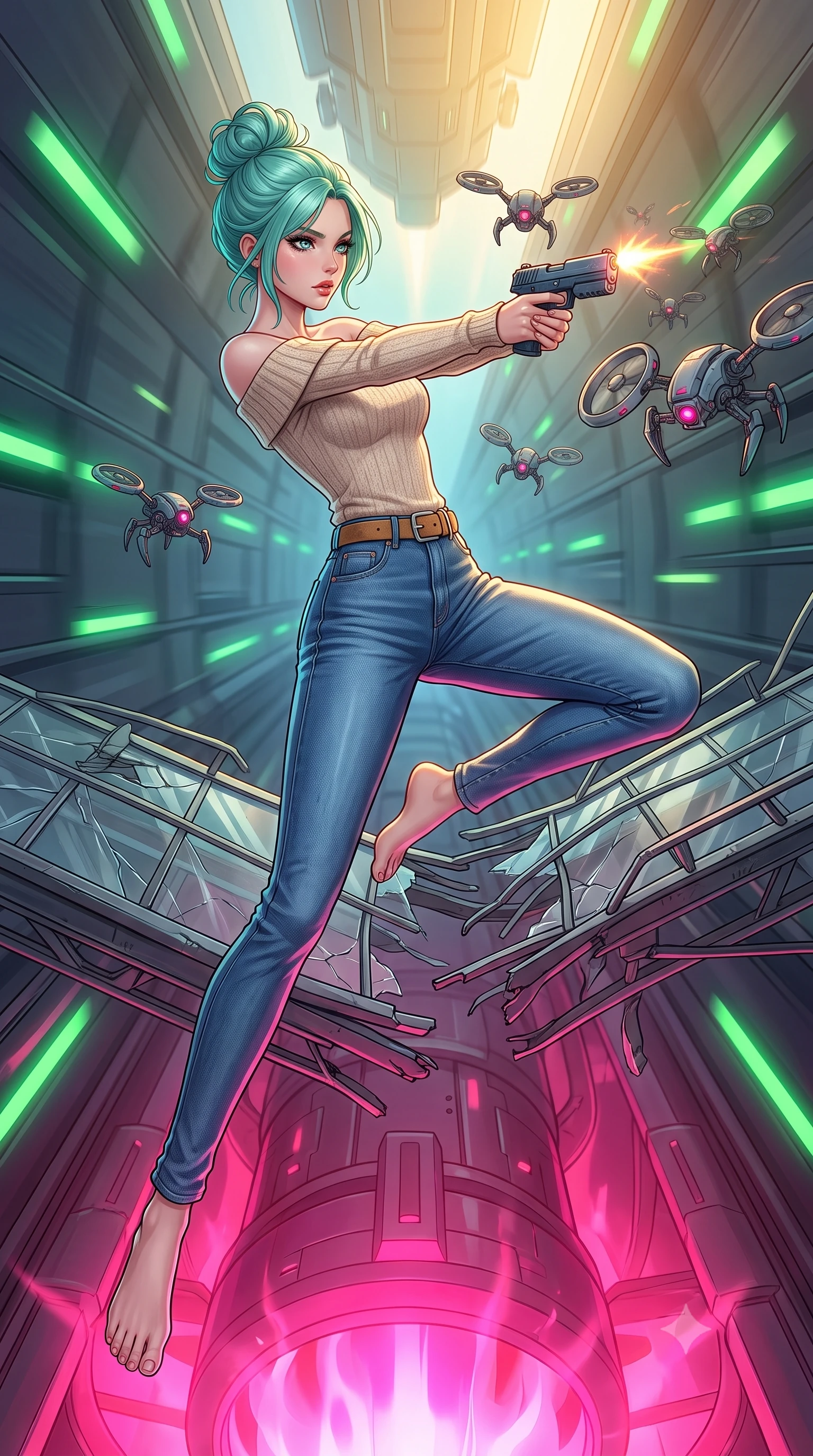 score_9, masterpiece, best quality, ultra-detailed, high-budget anime keyframe, editorial fashion photography, tasteful artistic composition, Japanese woman. low angle full-body shot from head to toe showing her feet, filling the entire 9:16 vertical frame with her statuesque presence, stretching her vertical silhouette. leaping dynamically off a collapsing sky-bridge while firing back at security drones through inside a narrow electromagnetic launch tube, green navigation lights flashing past in a blur as the ship launches. She has a statuesque 8.5-heads proportion, an exceptionally tall, slender and willowy model-like build with impossibly long legs and a highly sculpted ultra-slim waist. sharp v-shaped jawline, high-bridge nose, intricate jewel-like eyes with depth, thick eyelashes, glossy lips with a natural sheen. wearing the lightweight fabric rippling and billowing dramatically with her movement, a slim-fit oatmeal cashmere off-shoulder knit sweater layered over high-waisted raw blue denim and a camel suede belt. highly saturated vibrant anime colors, intense vivid color palette, soft 3D volumetric shading, volumetric dynamic lighting, dramatic contrast of hot pink furnace glow from below and cool golden light from above. 2k, ultra detail, master piece, 9:16 ratio