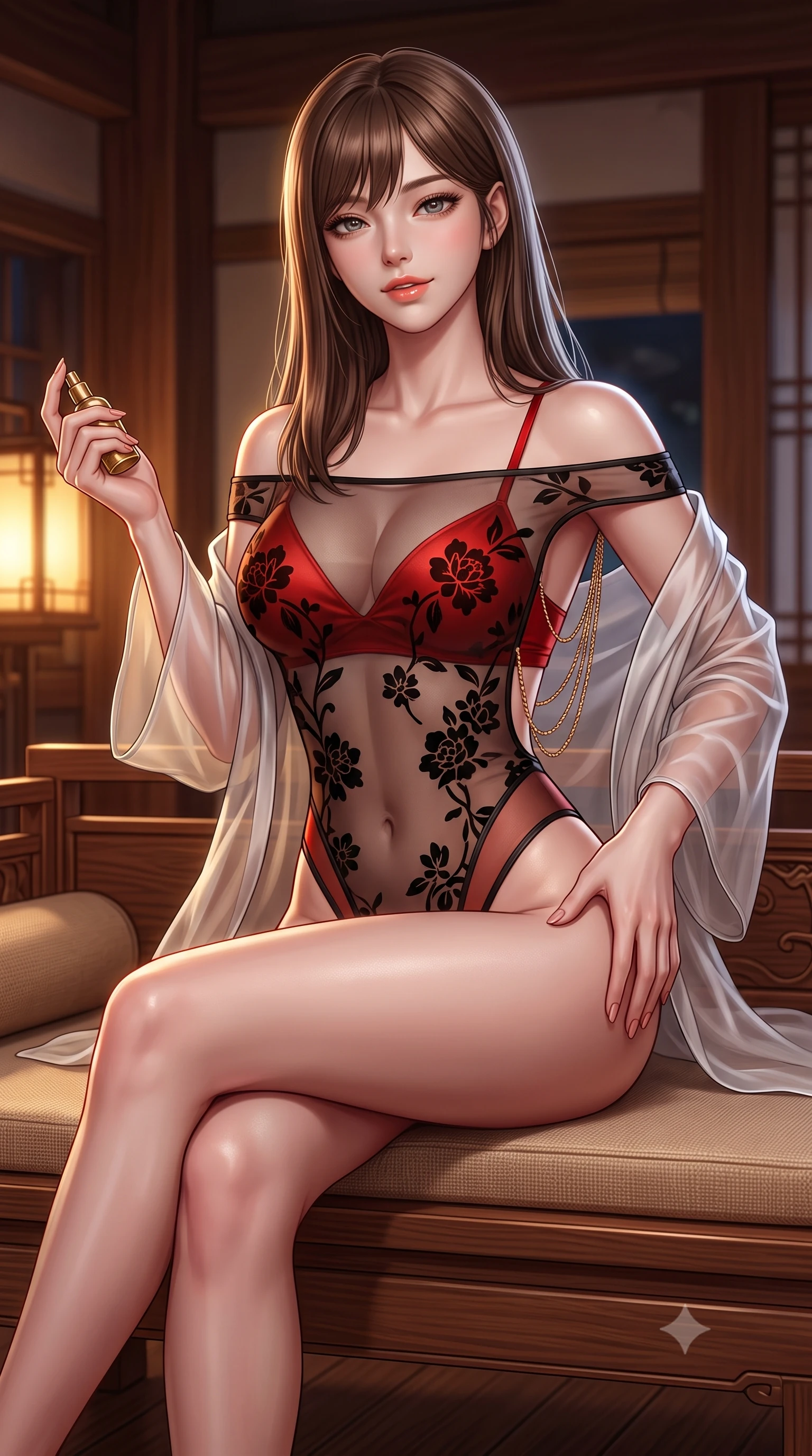 score_9, masterpiece, best quality, ultra-detailed, high-budget anime keyframe, semi-realistic 3D game render, editorial fashion photography, tasteful artistic composition, Korean woman. close-up cowboy shot from the waist and thighs up, the character dominates the composition, filling the frame with her large presence. tilting her head with a teasing half-smile, running one hand slowly down the side of her hip in a flirtatious S-curve as ambient light caresses her silhouette while sitting poised on the low cushioned cedar bench with legs crossed, holding a brass perfume vial with dangerous coquettish allure. The surrounding environment is rendered in vivid detail and crisp panoramic clarity: detailed sheer silk organza modern robe slipping off shoulders, red satin bralette cling, and master woodcraft in high resolution. She has an exceptionally elegant, slender, and willowy female figure with an ultra-slim waist, flat toned midriff, narrow ribcage, and sculpted feminine hips creating an alluring, slim hourglass silhouette without bulk. sharp v-shaped jawline, high-bridge nose, sparkling eyes with hypnotic seductive depth, thick curled eyelashes, glossy parted lips with a natural dewy peach sheen, alluring bedroom-eyes with an enchanting coquettish smile, exuding magnetic siren charisma and sophisticated glamour, flawlessly proportioned anatomical accuracy, strict slender model proportions, natural body alignment, perfectly sculpted long slender limbs, ultra-slim waistline, clean dynamic posture without body distortion. wearing an off-the-shoulder sheer-illusion mesh bodysuit with strategic floral flocking and high-cut leg openings in Pudong electric vermilion and obsidian lacquer, made of semi-opaque stretch illusion mesh with soft shadowy contours, accented with an open-back drape framed by falling strands of delicate gold chains, the liquid-tight tailored fabric clinging flawlessly to her narrow waist and rounded feminine hips, emphasizing every millimeter of her sculpted slim hourglass curves without any bulky heaviness. illuminated by warm interior lantern bounce and sharp silver-gold rim lights defining her razor-sharp jawline, narrow waist, and curvy hips. highly saturated vibrant anime colors, detailed shading with soft gradients, rich glossy textures, high-contrast stereoscopic depth, volumetric dynamic lighting, master piece, 9:16 ratio