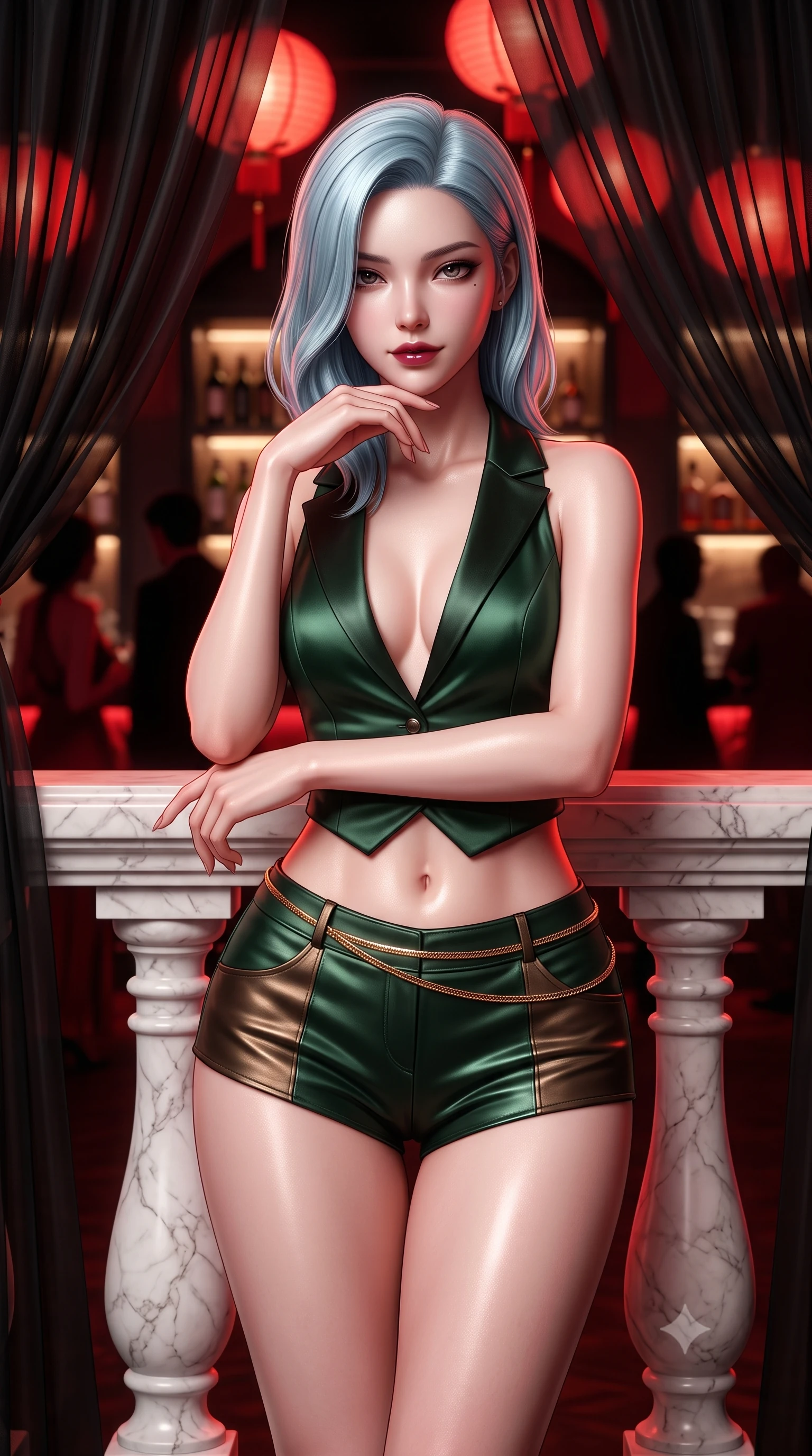 score_9, masterpiece, best quality, ultra-detailed, high-budget anime keyframe, semi-realistic 3D game render, editorial fashion photography, tasteful artistic composition, Korean woman. close-up cowboy shot from the waist and thighs up, the character dominates the composition, filling the frame with her large presence. resting one elbow on the marble balustrade while arching her spine with dancer poise, her dark bedroom-eyes casting a magnetic sidelong glance while lounging in a private booth draped in black sheer silk, resting her chin on her fingers while gazing directly into the camera with bedroom-eyes. The composition keeps background elements in soft focus with dreamy creamy bokeh. glowing crimson paper lanterns, backlit onyx bar shelves, and dark silhouette patrons blurred into deep scarlet, vermilion, and obsidian bokeh. She has an exceptionally elegant, slender, and willowy female figure with an ultra-slim waist, flat toned midriff, narrow ribcage, and sculpted feminine hips creating an alluring, slim hourglass silhouette without bulk. sharp v-shaped jawline, high-bridge nose, intricate jewel-like dark sparkling eyes with dangerous depth, thick curled eyelashes, glossy parted lips with a rich wine sheen, smoldering seductive half-smile with bedroom-eyes, exuding effortless superiority and intoxicating dark allure, flawlessly proportioned anatomical accuracy, strict slender model proportions, natural body alignment, perfectly sculpted long slender limbs, ultra-slim waistline, clean dynamic posture without body distortion. wearing a tailored satin tuxedo vest worn closed against bare skin with high-cut tailored satin hot-pants in dark emerald green and brushed antique bronze, made of supple butter-soft lambskin leather with a subtle satin sheen, finished with a delicate gold snake chain belt resting loosely across her curvy hips, the form-contouring cut accentuating her sculpted flat midriff, narrow delicate ribcage, and gracefully curvy hips with sovereign high-fashion precision. illuminated by sharp specular highlights on skin and dark scarlet rim light sculpting her sculpted midriff, narrow waist, and curvy hips. highly saturated vibrant anime colors, detailed shading with soft gradients, rich glossy textures, high-contrast stereoscopic depth, volumetric dynamic lighting, master piece, 9:16 ratio