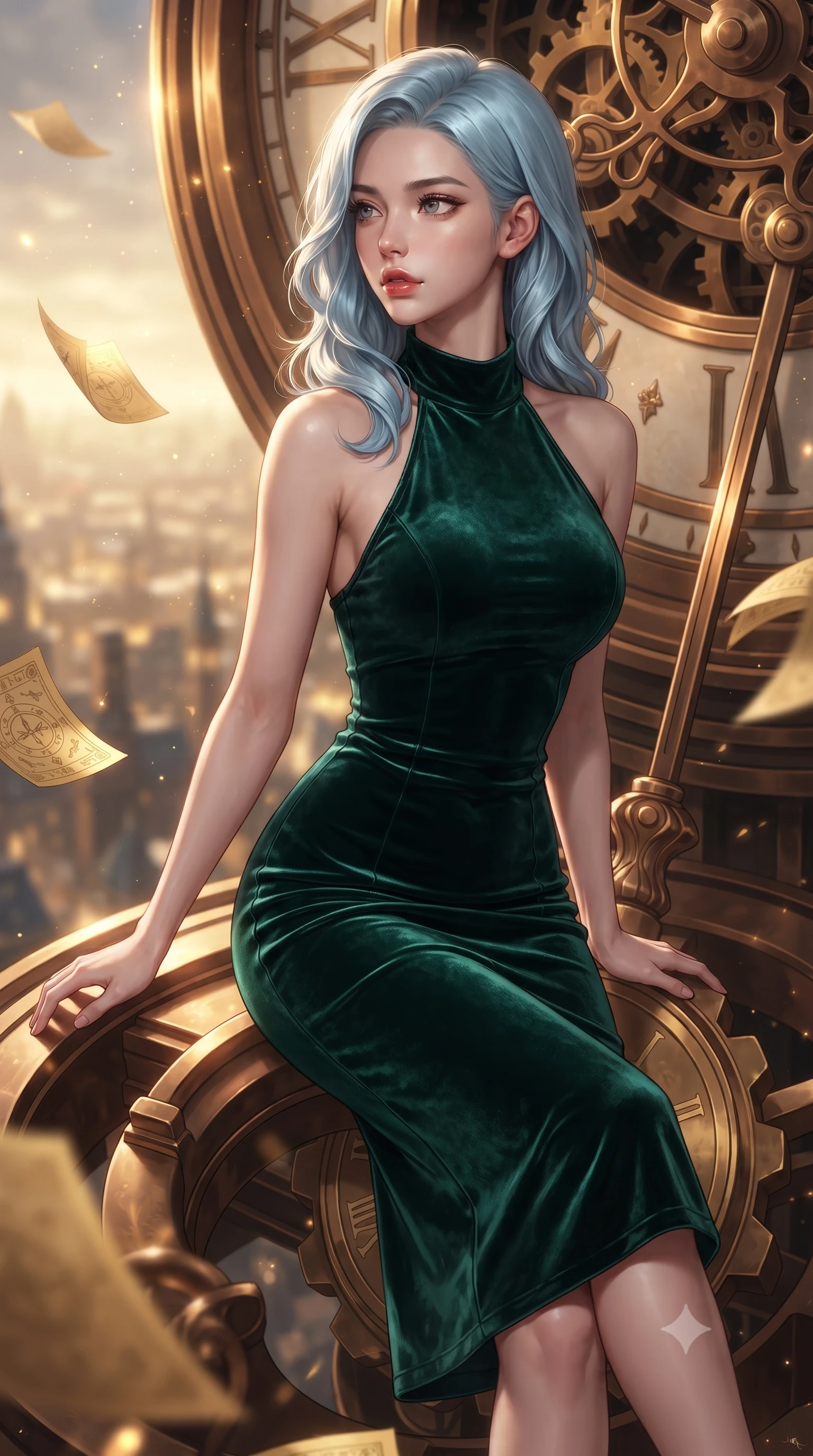 score_9, masterpiece, best quality, ultra-detailed, high-budget anime keyframe, editorial fashion photography, tasteful artistic composition, Korean woman. close-up cowboy shot from the waist and thighs up, the character dominates the composition, filling the frame with her large presence, background elements kept in soft focus. Gazing past the camera with an air of effortless elegance and mysterious confidence poised on a massive mechanical clock pendulum swinging over a golden city, golden paper pages fluttering gently around her in a magical breeze. She has an exceptionally elegant, slender, and willowy female figure with an ultra-slim waist, a gracefully sculpted slender torso, and a refined silhouette. sharp v-shaped jawline, high-bridge nose, intricate jewel-like eyes with depth, thick eyelashes, glossy lips with a natural sheen. wearing a velvet halter-neck midi dress in deep emerald, following her form like a glove, the glove-like fit emphasizing her statuesque silhouette. surrounded by warm hearth light and dramatic bronze rim highlights. highly saturated vibrant anime colors, detailed shading with soft gradients, rich glossy textures, high-contrast stereoscopic depth, volumetric dynamic lighting, master piece, 9:16 ratio