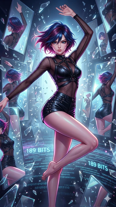 score_9, masterpiece, best quality, ultra-detailed, Set A: High-budget Anime Keyframe, Korean woman. Upper body close-up from the thighs up, character filling the screen for maximum presence. Dancing through a dimension of floating mirrors, while a d