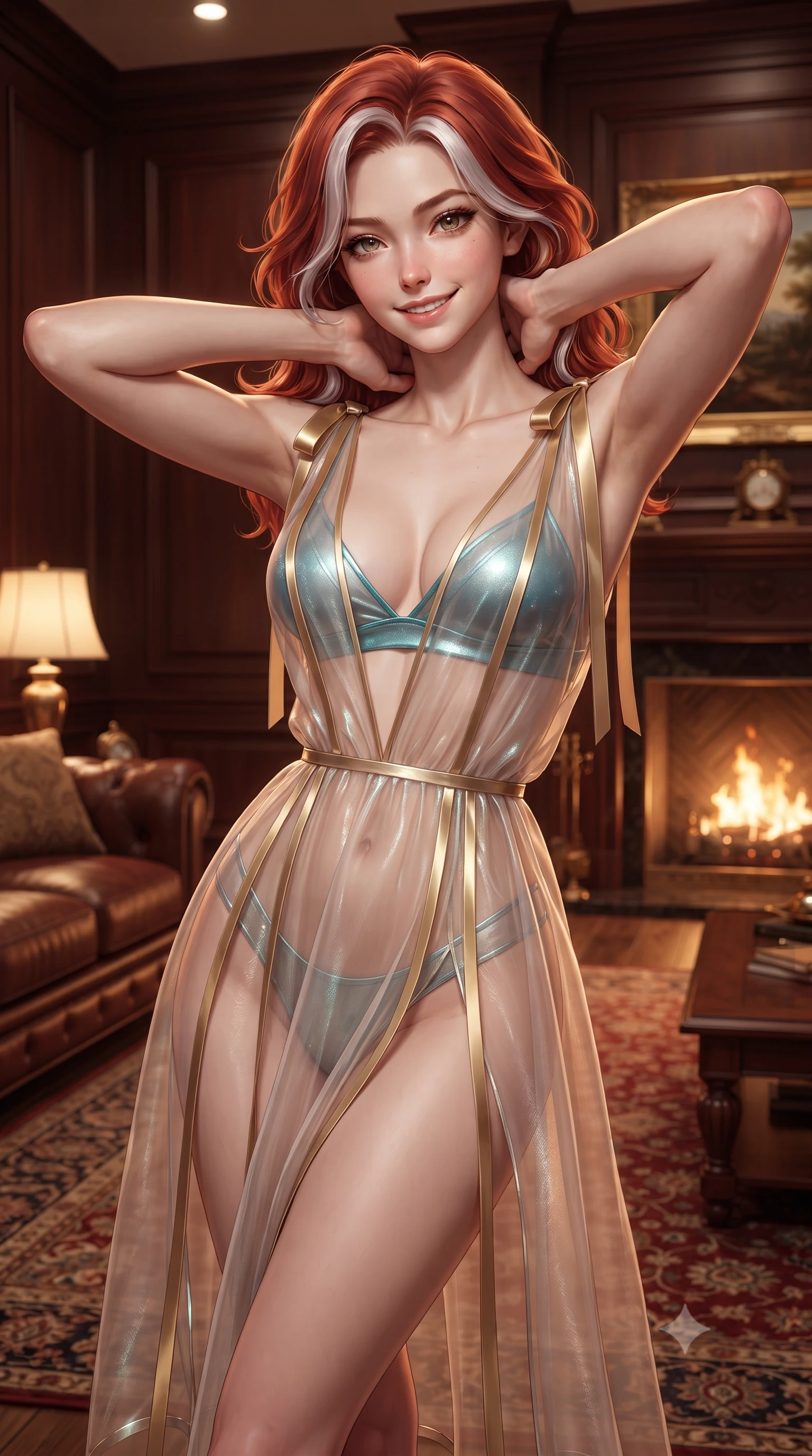 score_9, masterpiece, best quality, ultra-detailed, high-budget anime keyframe, editorial fashion photography, tasteful artistic composition, Caucasian woman. close-up cowboy shot from the waist and thighs up, the character dominates the composition, filling the frame with her large presence. resting both hands lightly behind her neck with elbows raised, arching her spine to highlight her narrow waist, flat midriff, and breathtaking collarbones while twisting her slender torso in an alluring contrapposto stance on the plush Persian rug, hearth firelight caressing her flat midriff. The surrounding environment is rendered in vivid detail and crisp panoramic clarity: detailed plunge-front sheer illusion tulle slip dress, liquid gold ribbons, and master interior architecture in high resolution. She has an exceptionally elegant, slender, and willowy female figure with an ultra-slim waist, flat toned midriff, narrow ribcage, and sculpted feminine hips creating an alluring, slim hourglass silhouette without bulk. sharp v-shaped jawline, high-bridge nose, intricate jewel-like sparkling eyes with depth, thick eyelashes, glossy parted lips with a natural peach sheen, bright cheerful beaming smile with an enchanting and coquettish sensual glint, exuding both youthful cute charm and seductive allure, flawlessly proportioned anatomical accuracy, strict slender model proportions, natural body alignment, perfectly sculpted long slender limbs, ultra-slim waistline, clean dynamic posture without body distortion. wearing a delicate sheer organza futuristic caftan with metallic chrome accents worn open over a micro liquid-metal bralette in Mediterranean bioluminescent teal and radiant pearl, crafted from translucent silk organza with an ethereal crystalline sheen, finished with satin ribbon ties at the shoulders fluttering in the gentle breeze, the second-skin tailored fabric adhering flawlessly to her sculpted flat midriff and slender torso, emphasizing her long leg lines and perfectly proportioned willowy build. illuminated by polished mahogany reflection fill and sharp copper-gold rim lights defining her razor-sharp jawline, narrow waist, and curvy hips. ultra-reflective glossy finish, specular highlights, rich textural contrasts, high-contrast stereoscopic depth, volumetric dynamic lighting, 2k, ultra detail, master piece, 9:16 ratio