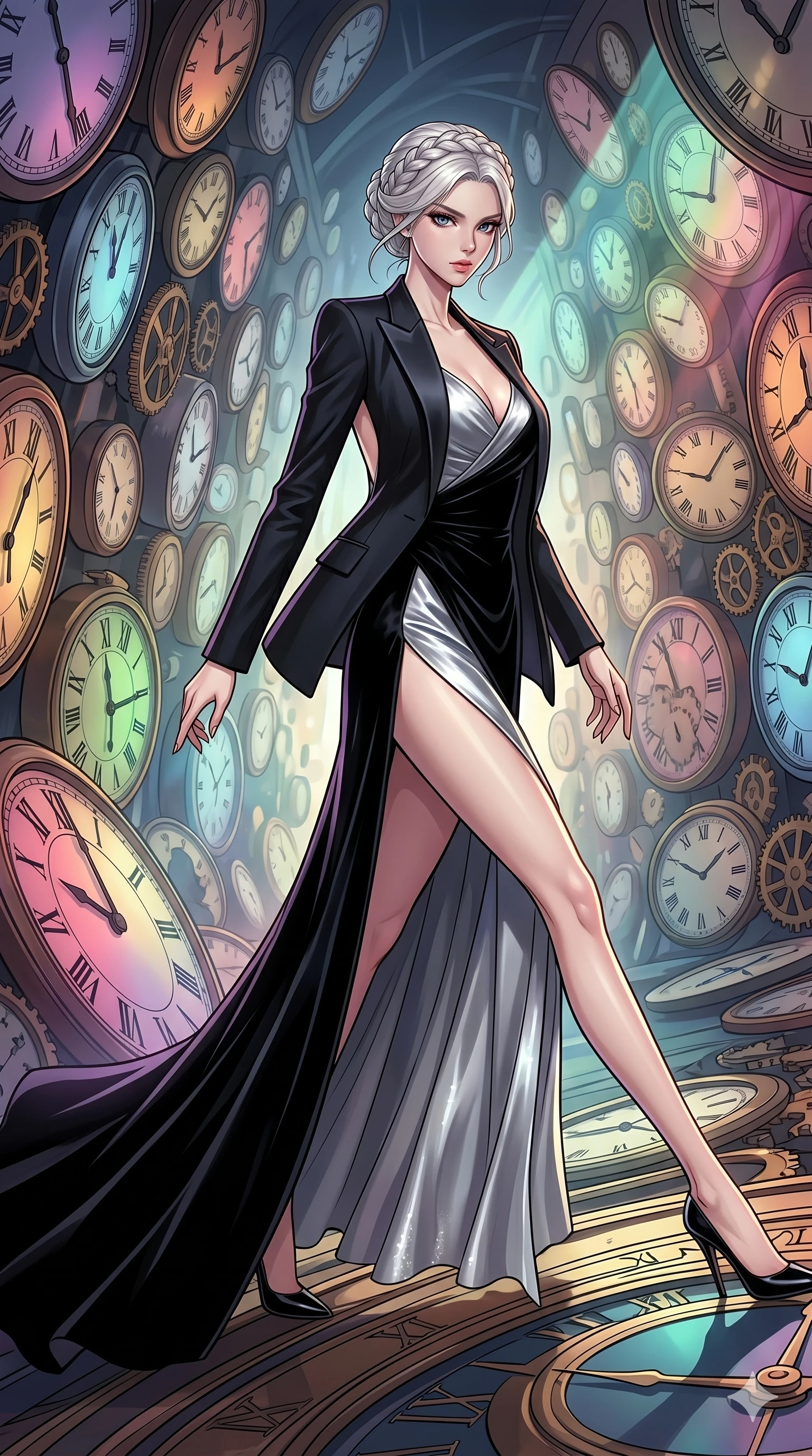 score_9, masterpiece, best quality, ultra-detailed, high-budget anime movie keyframe, cinematic anime lighting, intricate line art, Korean anime girl. Dynamic full-body shot stretching the vertical silhouette with extreme perspective. gliding through a hall of clocks, her motion slowing down time. She has an absolutely perfect 8-heads proportion, an exceptionally tall and slender female figure with an ultra-slim waist and impossibly long slender legs. strictly human anatomy, two legs only, no extra limbs, clearly defined legs and arms, perfect anatomy, perfect hands and fingers. sharp v-shaped jawline, high-bridge nose, intricate jewel-like eyes, thick eyelashes, glossy lips. Wearing High-Fashion Editorial: Silk slip dress with high side slit, backless velvet gown, and structured blazer with nothing underneath. The scene is illuminated by dramatic atmospheric lighting and vibrant color palettes. , 2k, ultra detail, master piece, 9:16 ratio