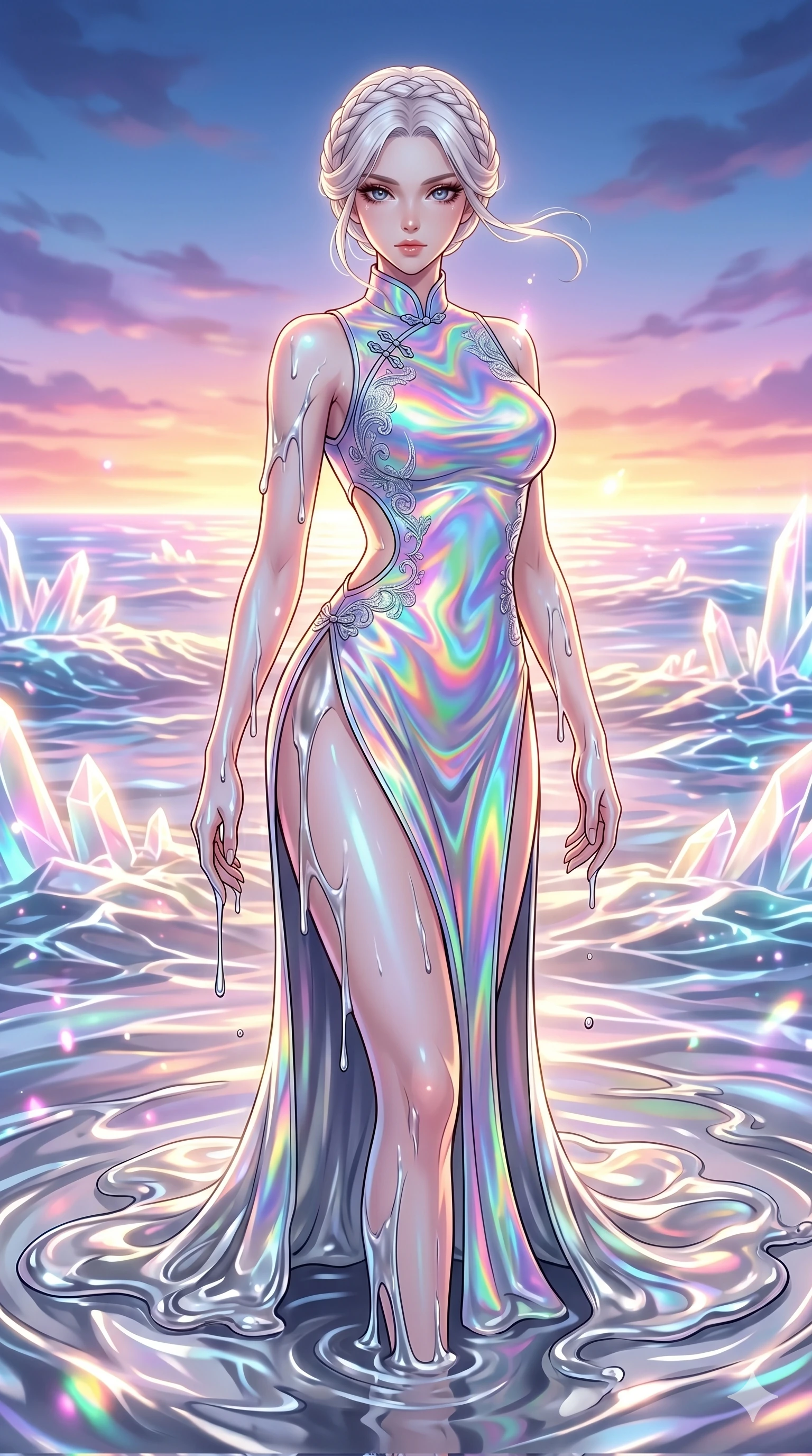 score_9, masterpiece, best quality, ultra-detailed, High-budget Anime Keyframe, vibrant colors, fluid line-art, expressive lighting, cinematic composition, Ufotable-style visual effects, top-tier animation quality, Japanese woman with delicate and elegant anime-inspired features. Cinematic low angle perspective showcasing her towering height and perfect 8-heads proportion. Emerging slowly from a pool of liquid silver, the metallic substance clinging to her skin before transforming into her outfit. She has an absolutely perfect 8-heads proportion, an exceptionally tall and slender female figure with impossibly long slender legs and an ultra-slim waist, her statuesque height and towering silhouette dominating the vertical 9:16 frame. Her face is a masterpiece featuring a sharp v-shaped jawline, high-bridge nose, intricate jewel-like eyes with depth, thick eyelashes, and glossy lips with a natural sheen. She is wearing a Cyberpunk neon-lit qipao with a dangerous high slit and intricate digital embroidery crafted from Holographic chiffon that changes color with every movement, creating a rainbow effect, featuring strategic side cut-outs that emphasize her ultra-slim waist and hips. The scene is set in a vibrant sunset over a futuristic crystalline ocean with waves made of liquid light, illuminated by soft bioluminescent glow from the environment casting ethereal colors on her skin. 2k, ultra detail, master piece, 9:16 ratio