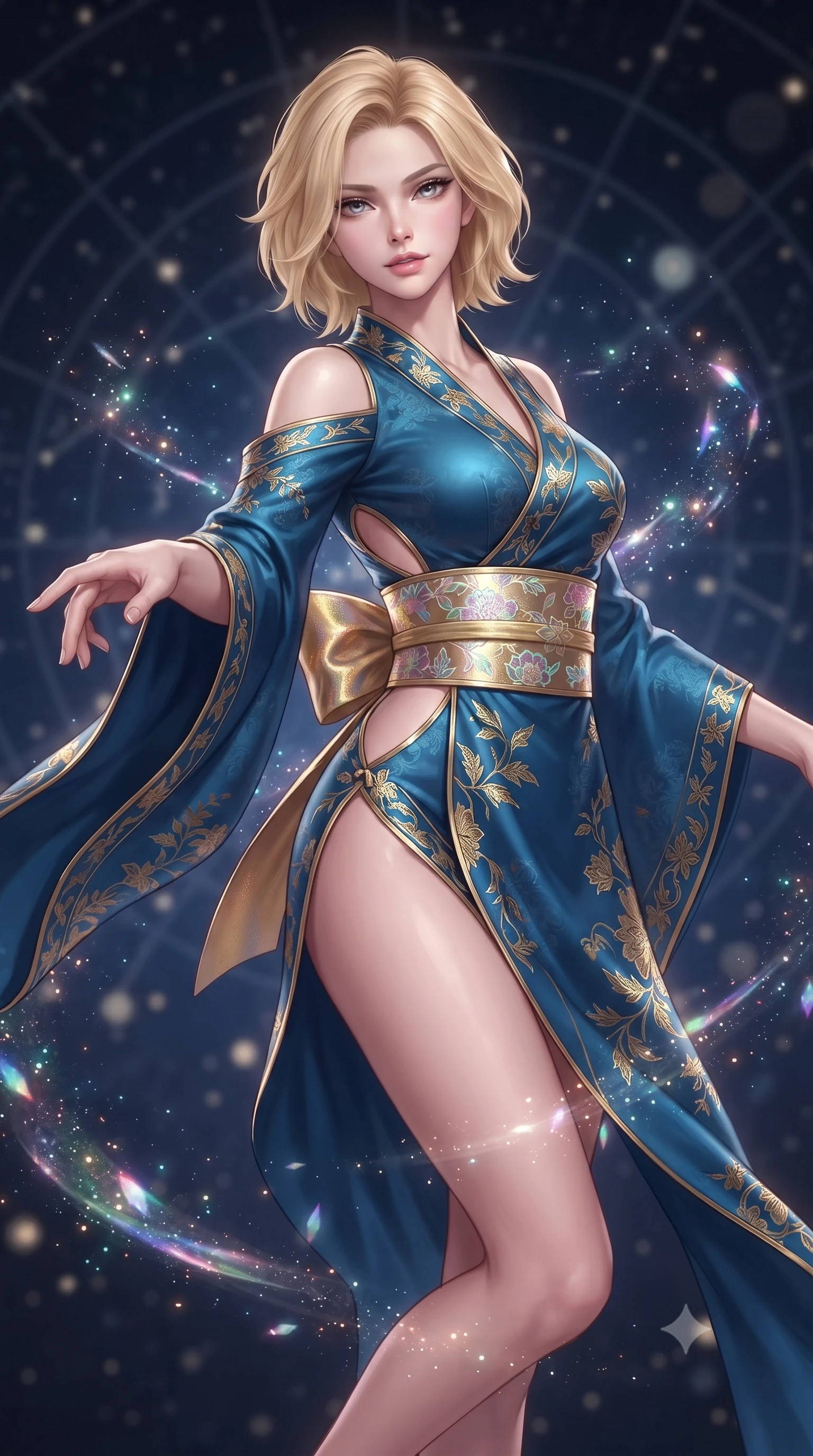 score_9, masterpiece, best quality, ultra-detailed, high-budget anime keyframe, editorial fashion photography, tasteful artistic composition, Caucasian woman. close-up cowboy shot from the waist and thighs up, the character dominates the composition, filling the frame with her large presence. extending one slender arm gracefully toward the foreground while casting an affectionate, mesmerizing glance while hovering suspended in the center of a celestial star map with an indomitable, radiant gaze locking onto the viewer. The composition keeps background elements in soft focus with creamy bokeh. glowing starlight flecks and iridescent fabric sparkles scattering cosmic radiant light motes. She has an exceptionally elegant, slender, and willowy female figure with an ultra-slim waist, a gracefully sculpted slender torso, toned flat midriff, and a refined slim silhouette. sharp v-shaped jawline, high-bridge nose, intricate jewel-like eyes with depth, thick eyelashes, glossy lips with a natural sheen, captivating and magnetic expression, flawlessly proportioned anatomical accuracy, strict slender model proportions, natural body alignment, perfectly sculpted long slender limbs, ultra-slim waistline, clean dynamic posture without body distortion. wearing a traditional-modern silk fusion wrap dress with asymmetric trailing sleeves and waist-cinching obi in deep azure blue and gold leaf embroidery, made of liquid-smooth silk satin with subtle floral jacquard, complemented by a wide metallic gold obi sash with holographic floral embroidery, the precision-cut daring openings accentuating her delicate midriff, graceful bare collarbones, and ultra-slim feminine waistline. surrounded by an immortal, transcendent, and breathtakingly majestic cosmos empress aura. ultra-reflective glossy finish, specular highlights, rich textural contrasts, high-contrast stereoscopic depth, volumetric dynamic lighting, 2k, ultra detail, master piece, 9:16 ratio