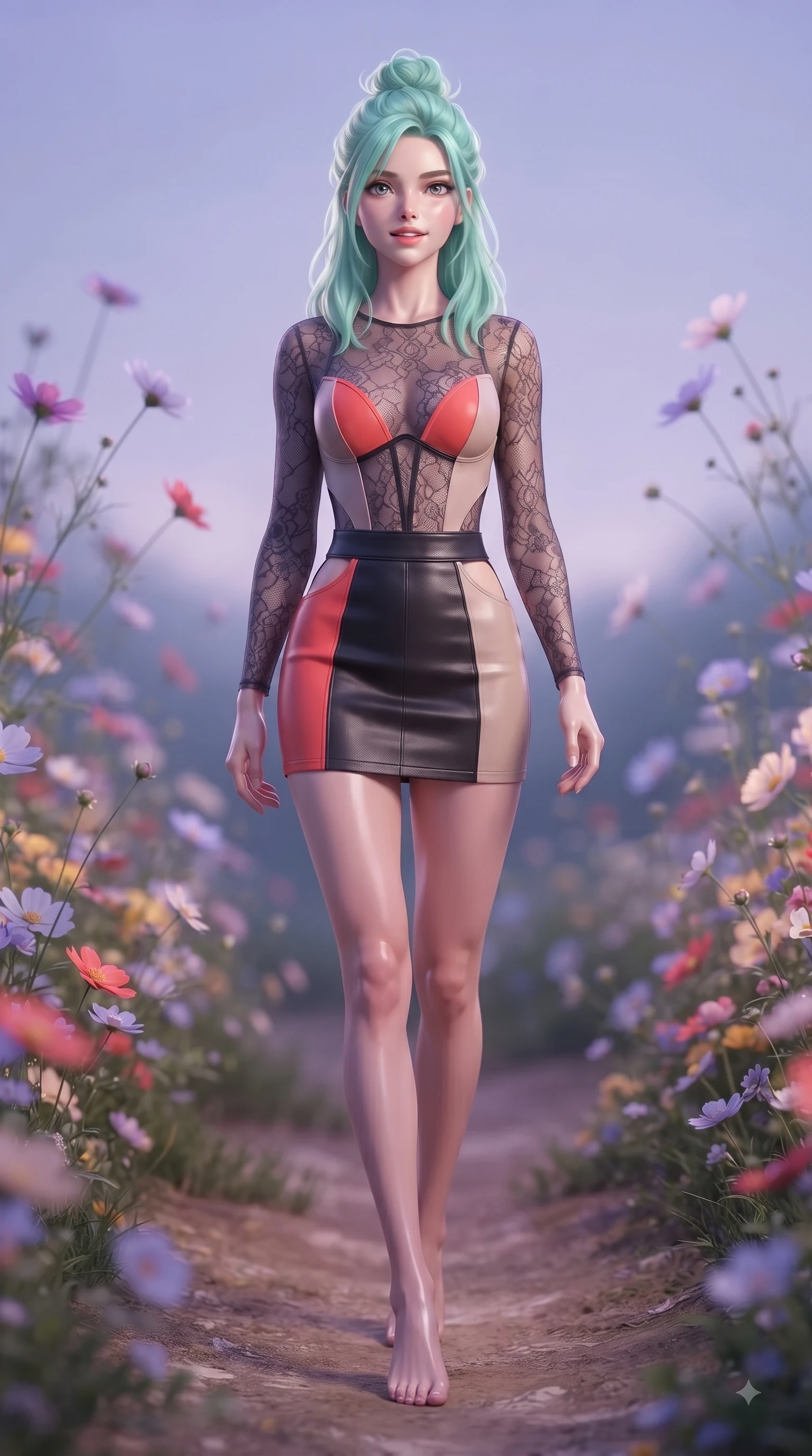 score_9, masterpiece, best quality, ultra-detailed, high-budget anime keyframe, editorial fashion photography, tasteful artistic composition, Japanese woman. low angle full-body shot from head to toe showing her feet, filling the entire 9:16 vertical frame with her statuesque presence, stretching her vertical silhouette. Radiant anticipation in her face, glowing with hopeful curiosity and warm expectant energy while stepping along a dirt path flanked by vibrant blossoms with an ethereal editorial grace. The composition keeps background elements in soft focus with dreamy bokeh. swaying flower stems and soft twilight skies softened by gentle shallow depth of field. She has an absolutely perfect, statuesque 8.5-heads proportion, an exceptionally tall and slender model-like female figure with impossibly long slender legs and an ultra-slim waist. sharp v-shaped jawline, high-bridge nose, intricate jewel-like eyes with depth, thick eyelashes, glossy lips with a natural sheen, flawlessly proportioned anatomical accuracy, natural body alignment, perfectly sculpted elegant limbs, clean dynamic posture without body distortion. wearing a sheer dark lace pattern bodysuit over a structured black leather mini skirt in vibrant coral red and soft beige, crafted from soft breathable Italian linen, complemented by clean architectural seams and subtle cutouts, the form-contouring material accentuating her ultra-slim waist and long lines. illuminated by soft ambient lavender reflections and delicate rim highlights. ultra-reflective glossy finish, specular highlights, metallic sheen, high-contrast stereoscopic depth, volumetric dynamic lighting, 2k, ultra detail, master piece, 9:16 ratio