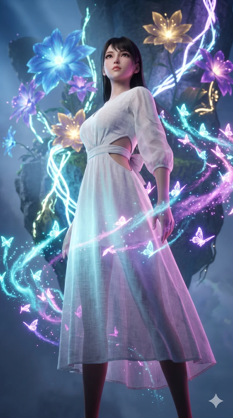 score_9, masterpiece, best quality, ultra-detailed, Semi-realistic 3D Game Render, high-fidelity character model, intricate textures, dynamic particle effects, Unreal Engine 5 aesthetic, crisp 3D depth, Japanese woman with delicate and elegant anime-inspired features. Low angle cowboy shot filling the entire 9:16 frame with her statuesque presence, looking up to emphasize her height. Surrounded by a swarm of digital butterflies that leave trails of neon dust. She has an absolutely perfect 8-heads proportion, an exceptionally tall and slender female figure with impossibly long slender legs and an ultra-slim waist, her statuesque height and towering silhouette dominating the vertical 9:16 frame. Her face is a masterpiece featuring a sharp v-shaped jawline, high-bridge nose, intricate jewel-like eyes with depth, thick eyelashes, and glossy lips with a natural sheen. She is wearing a Flowy white linen sundress with a tie-back detail, asymmetrical cutouts on the waist, and sheer transparency.. The scene is set in a floating island covered in giant glowing flowers and vines of pure energy. 2k, ultra detail, master piece, 9:16 ratio