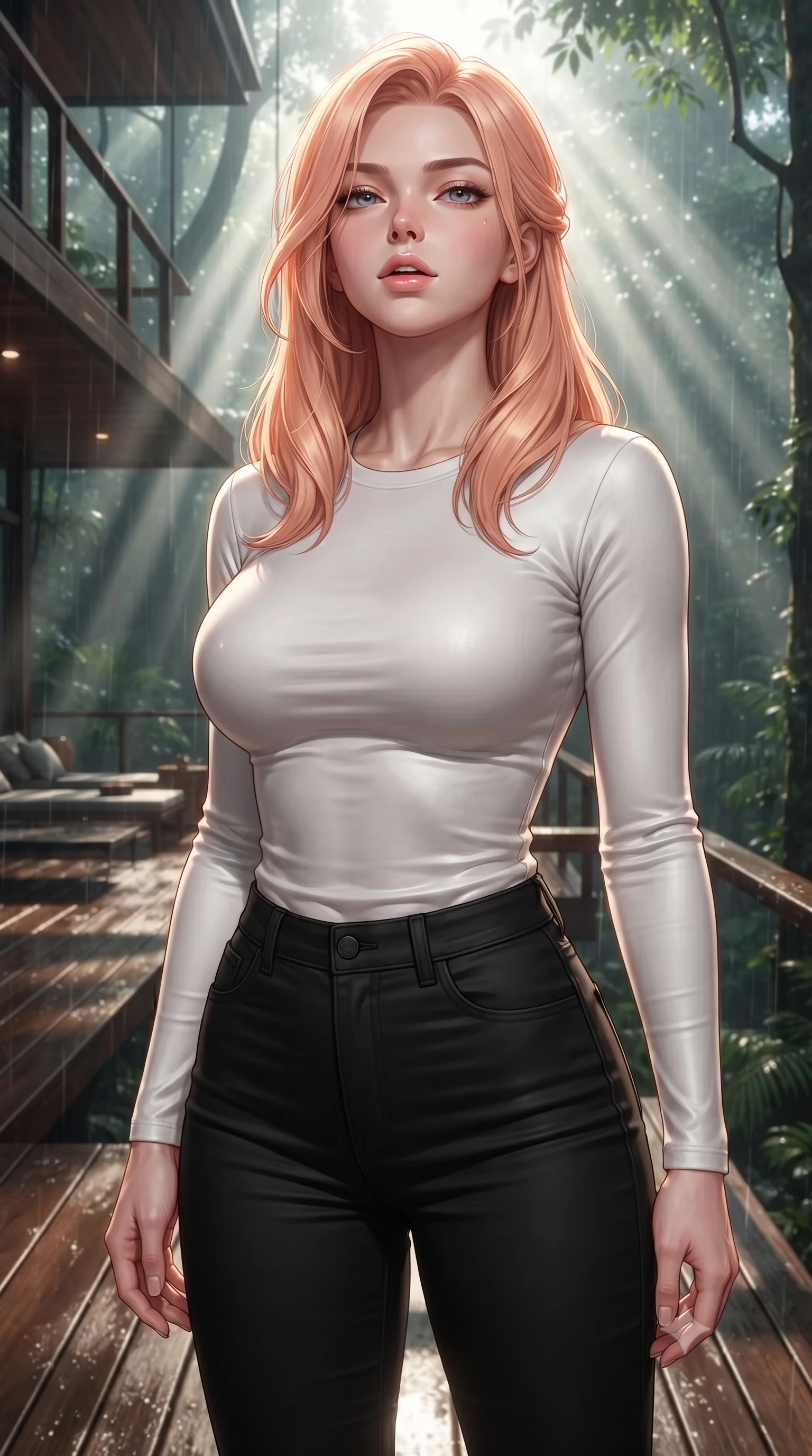 score_9, masterpiece, best quality, ultra-detailed, high-budget anime keyframe, editorial fashion photography, tasteful artistic composition, Japanese woman woman. close-up cowboy shot from the waist and thighs up, the character dominates the composition, filling the frame with her large presence, background elements kept in soft focus. tilting her chin up slightly with lips parted in a composed, provocative expression the background shows a soft-focus a wooden deck of a modern villa suspended high in the canopy of a tropical forest. She has an exceptionally elegant, slender, and willowy female figure with an ultra-slim waist, a gracefully sculpted slender torso, and a refined silhouette. sharp v-shaped jawline, high-bridge nose, intricate jewel-like eyes with depth, thick eyelashes, glossy lips with a natural sheen. wearing a form-contouring tight-fitting long-sleeve tee in pure white, tucked into high-waisted black skinny pants. sunbeams slicing through the damp forest air, creating volumetric light rays. ultra-reflective glossy finish, specular highlights, metallic sheen, high-contrast stereoscopic depth, volumetric dynamic lighting, 2k, ultra detail, master piece, 9:16 ratio