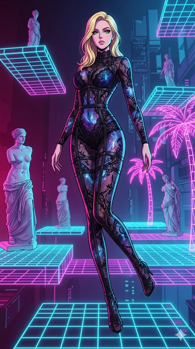 score_9, masterpiece, best quality, ultra-detailed, high-budget anime keyframe, Caucasian woman, strictly human ears. low angle full-body shot filling the entire 9:16 frame with her statuesque presence, stretching the vertical silhouette. drifting th