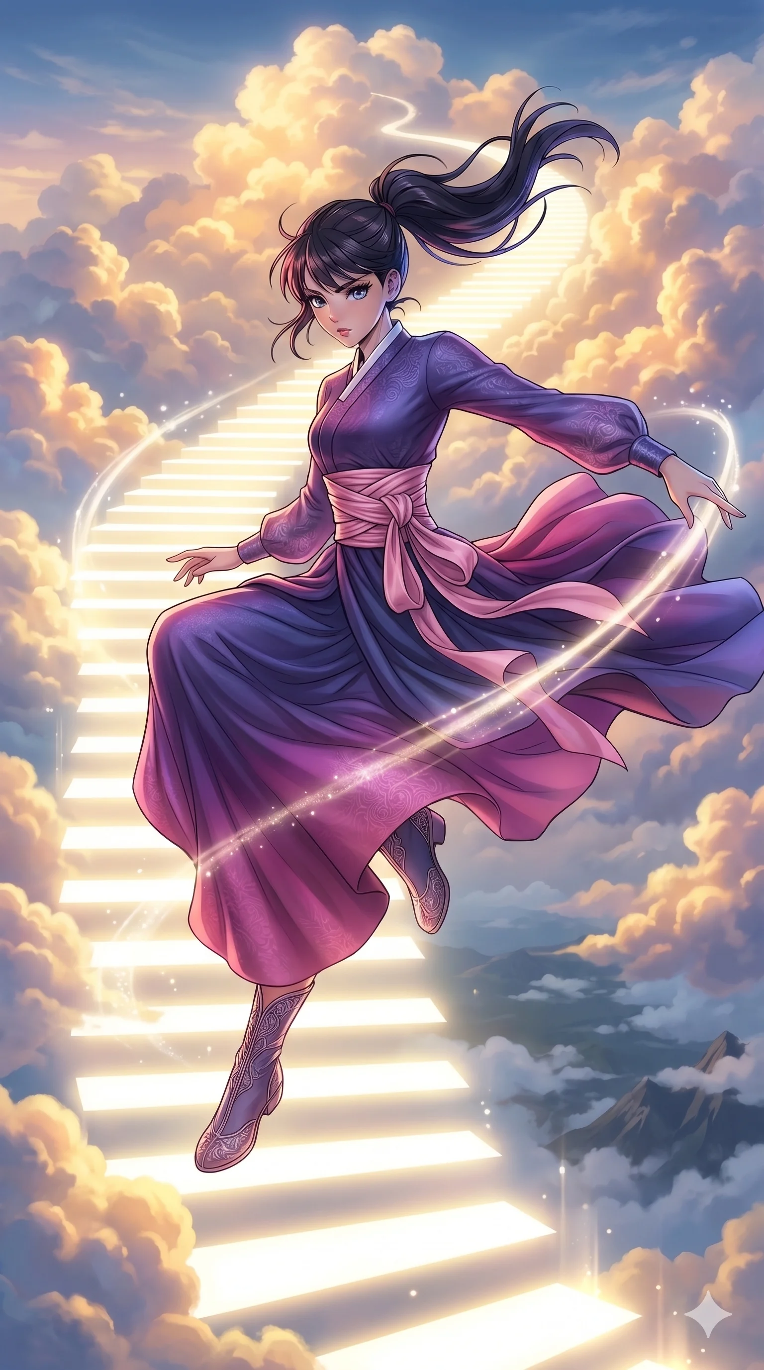 An anime action shot of a character weaving a staircase of pure light into the clouds. The character wears an elegant long-sleeved silk gown with decorative wraps. Graceful mid-air pose, cinematic lighting, ethereal atmosphere, vibrant colors.