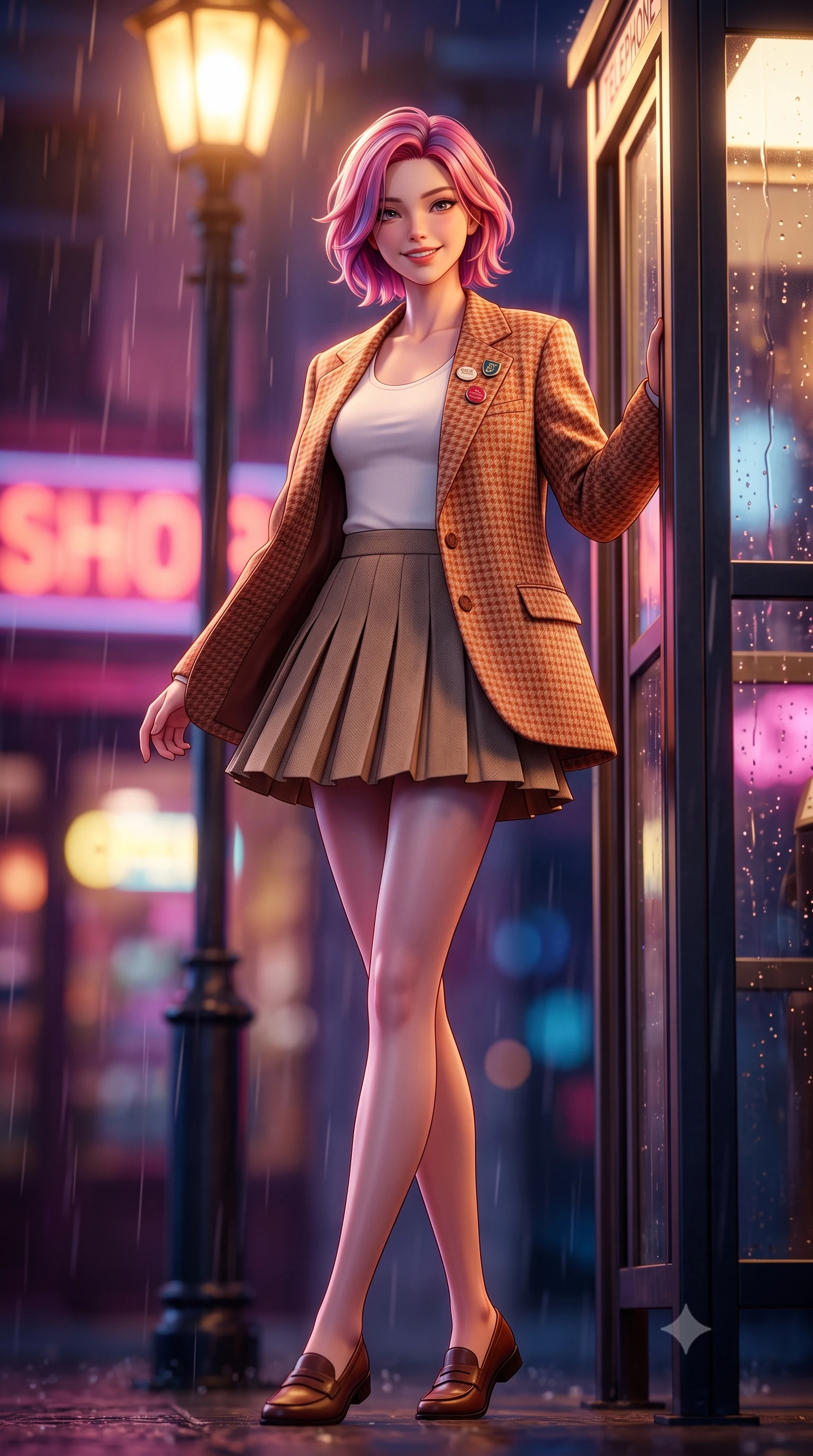 score_9, masterpiece, best quality, ultra-detailed, high-budget anime keyframe, semi-realistic 3D game render, editorial fashion photography, tasteful artistic composition, Caucasian woman. low angle full-body shot from head to toe showing her feet, filling the entire 9:16 vertical frame with her statuesque presence, stretching her vertical silhouette. executing an elegant mid-motion spin with effortless grace, her garments fluttering softly around her ultra-slim waistline while leaning against the exterior booth frame under a streetlamp, smiling warmly at someone approaching beyond the camera. The composition keeps background elements in soft focus with creamy bokeh. streaming glass raindrop streaks and distant neon shop signs blurred into dreamy magenta, amber, and deep blue bokeh. She has an absolutely perfect, statuesque 8.5-heads proportion, an exceptionally tall and slender model-like female figure with impossibly long slender legs, a toned flat midriff, and an ultra-slim waist. sharp v-shaped jawline, high-bridge nose, intricate jewel-like eyes with depth, thick eyelashes, glossy lips with a natural sheen, captivating and magnetic expression, flawlessly proportioned anatomical accuracy, strict slender model proportions, natural body alignment, perfectly sculpted long slender limbs, ultra-slim waistline, clean dynamic posture without body distortion. wearing a tailored 90s houndstooth oversized blazer over a simple scoop-neck top and a high-waisted pleated wool mini-skirt in warm terracotta and oatmeal beige, crafted from ultra-soft brushed fleece and vintage-washed jersey, finished with retro enamel varsity pins and classic leather loafers, the form-contouring material adhering flawlessly to her sculpted flat midriff and slender torso, emphasizing her long leg lines and perfectly proportioned willowy build. surrounded by an emotional, poetic, and heartwarming vintage movie heroine aura. highly saturated vibrant anime colors, detailed shading with soft gradients, rich glossy textures, high-contrast stereoscopic depth, volumetric dynamic lighting, master piece, 9:16 ratio
