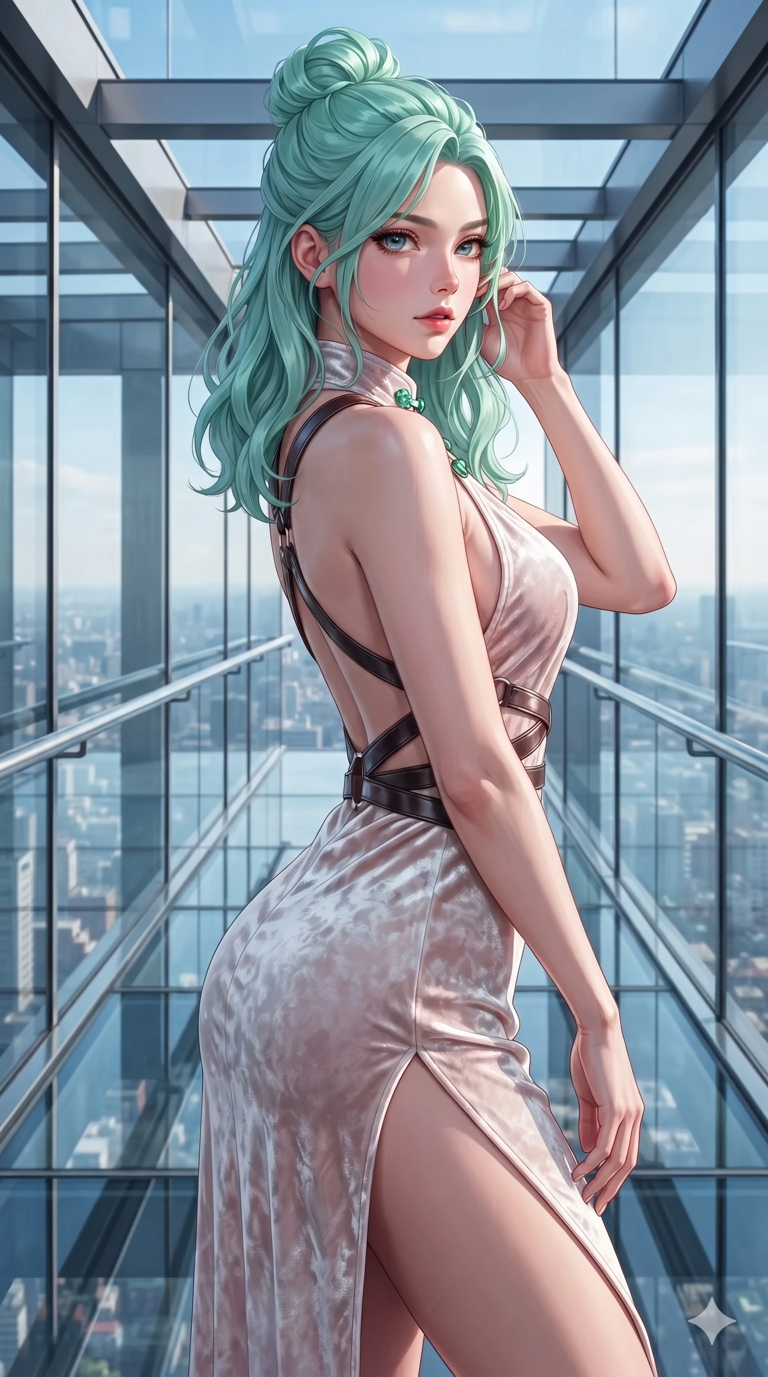 score_9, masterpiece, best quality, ultra-detailed, high-budget anime keyframe, editorial fashion photography, tasteful artistic composition, Japanese woman. close-up cowboy shot from the waist and thighs up, the character dominates the composition, filling the frame with her large presence. gently brushing a lock of hair behind her ear while casting a playful, flirtatious side-gaze with long eyelashes while standing poised at the midpoint of the glass skybridge, arching her lower back with sovereign supermodel grace as high-altitude breezes whip her silk dress open. The surrounding environment is rendered in vivid detail and crisp panoramic clarity: detailed liquid-silk jersey evening dress tailoring, open-back leather harness straps, and monumental bridge engineering in razor-sharp precision. She has an exceptionally elegant, slender, and willowy female figure with an ultra-slim waist, flat toned midriff, narrow ribcage, and sculpted feminine hips creating an alluring, slim hourglass silhouette without bulk. sharp v-shaped jawline, high-bridge nose, intricate jewel-like sparkling eyes with depth, thick eyelashes, glossy parted lips with a natural sheen, intensely captivating and seductive bedroom-eyes expression, exuding both youthful cute charm and sovereign luxury allure, flawlessly proportioned anatomical accuracy, strict slender model proportions, natural body alignment, perfectly sculpted long slender limbs, ultra-slim waistline, clean dynamic posture without body distortion. wearing a backless crushed velvet mini dress with a deep plunging neckline and hip-high thigh slit in celestial porcelain white and rose-gold, tailored from heavy double-faced silk georgette with an exceptionally fluid drape, finished with sleek jade frog closures glinting along her high collar, the glove-like clinging cut tightly following the natural contour of her hips and long slender legs with youthful 8.5-heads elegance. illuminated by glass floor bounce and sharp gold-cyan rim lights defining her razor-sharp jawline, narrow waist, and curvy hips. ultra-reflective glossy finish, specular highlights, rich textural contrasts, high-contrast stereoscopic depth, volumetric dynamic lighting, 2k, ultra detail, master piece, 9:16 ratio