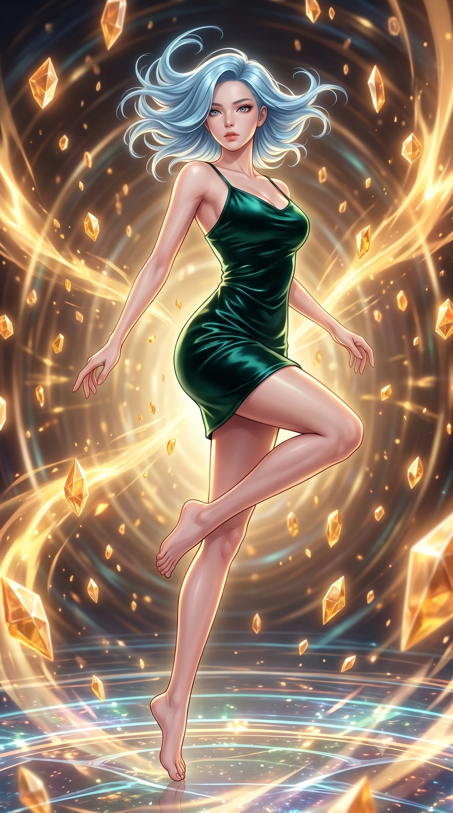score_9, masterpiece, best quality, ultra-detailed, high-budget anime keyframe, editorial fashion photography, tasteful artistic composition, Korean woman woman. low angle full-body shot from head to toe showing her feet, filling the entire 9:16 vertical frame with her statuesque presence, stretching her vertical silhouette. She has an absolutely perfect, statuesque 8.5-heads proportion, an exceptionally tall and slender model-like female figure with impossibly long slender legs and an ultra-slim waist. leaping inside the glowing space with athletic poise, her hair swirling in a dynamic wind vortex, flawlessly proportioned anatomical accuracy, natural body alignment, perfectly sculpted elegant limbs, clean dynamic posture without body distortion. set against a soft-focus background of a temporal corridor with floating amber time crystals. wearing a fitted dark emerald velvet slip dress with a smooth liquid sheen and delicate straps. bathed in golden temporal energy flares casting dramatic volumetric rim lighting. highly saturated vibrant anime colors, detailed shading with soft gradients, rich glossy textures, high-contrast stereoscopic depth, volumetric dynamic lighting, master piece, 9:16 ratio