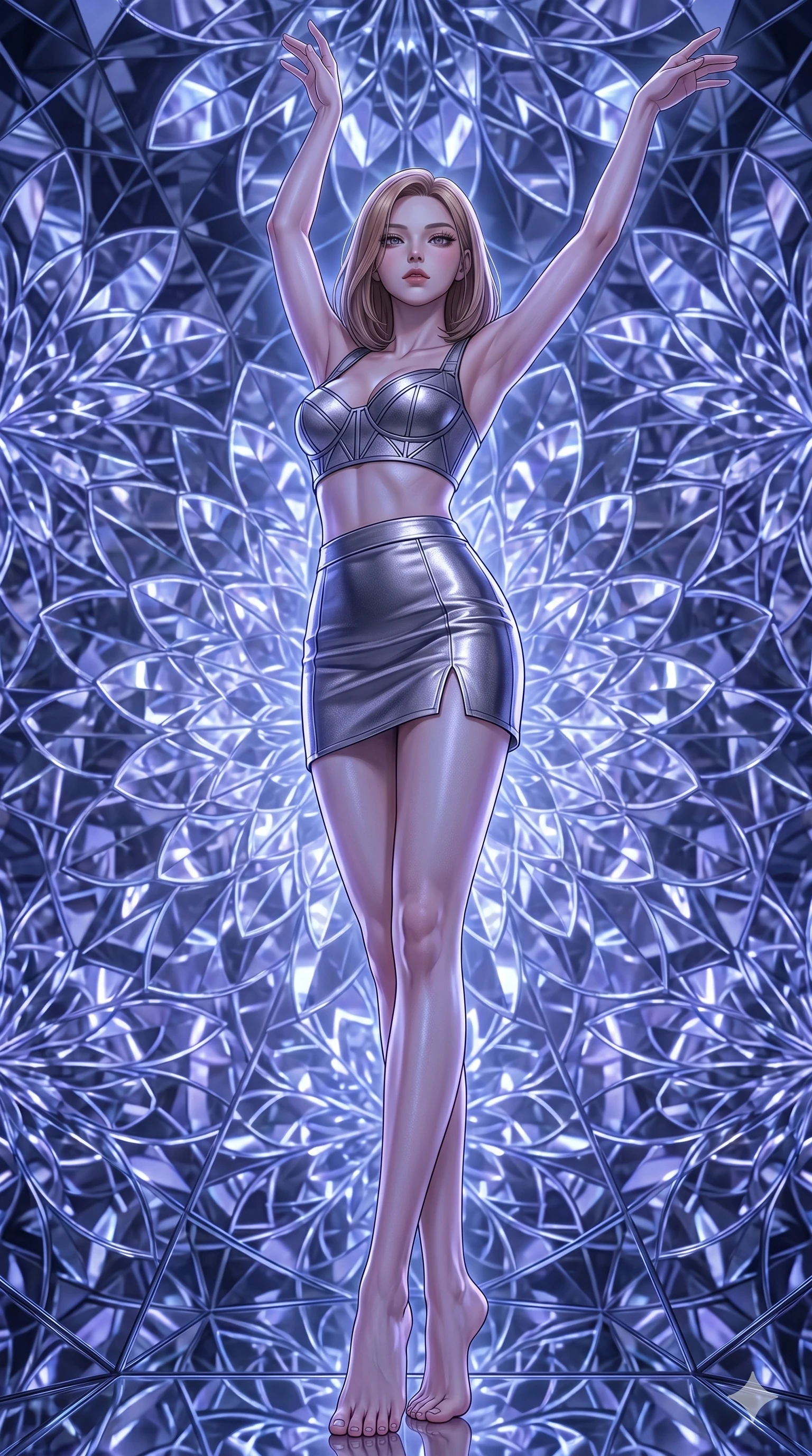 score_9, masterpiece, best quality, ultra-detailed, high-budget anime keyframe, editorial fashion photography, tasteful artistic composition, Korean woman. low angle full-body shot from head to toe showing her feet, filling the entire 9:16 vertical frame with her statuesque presence, stretching her vertical silhouette. Balancing with elegant poise on tiptoe with arms extended within a rotating kaleidoscope chamber where mirrored petals form endlessly shifting mandalas. She has an absolutely perfect 8-heads proportion, an exceptionally tall and slender female figure with impossibly long slender legs and an ultra-slim waist. V-shaped jawline, high-bridge nose, intricate jewel-like eyes with depth, thick eyelashes, glossy lips with a natural sheen. wearing a structured architectural bralette top in metallic pewter with bold geometric seaming and wide shoulder straps, paired with a matching precision-fitted metallic mini skirt with a side slit at the hem. bathed in cool ethereal blue-violet bioluminescent glow that highlights her form from all sides. 2k, ultra detail, master piece, 9:16 ratio