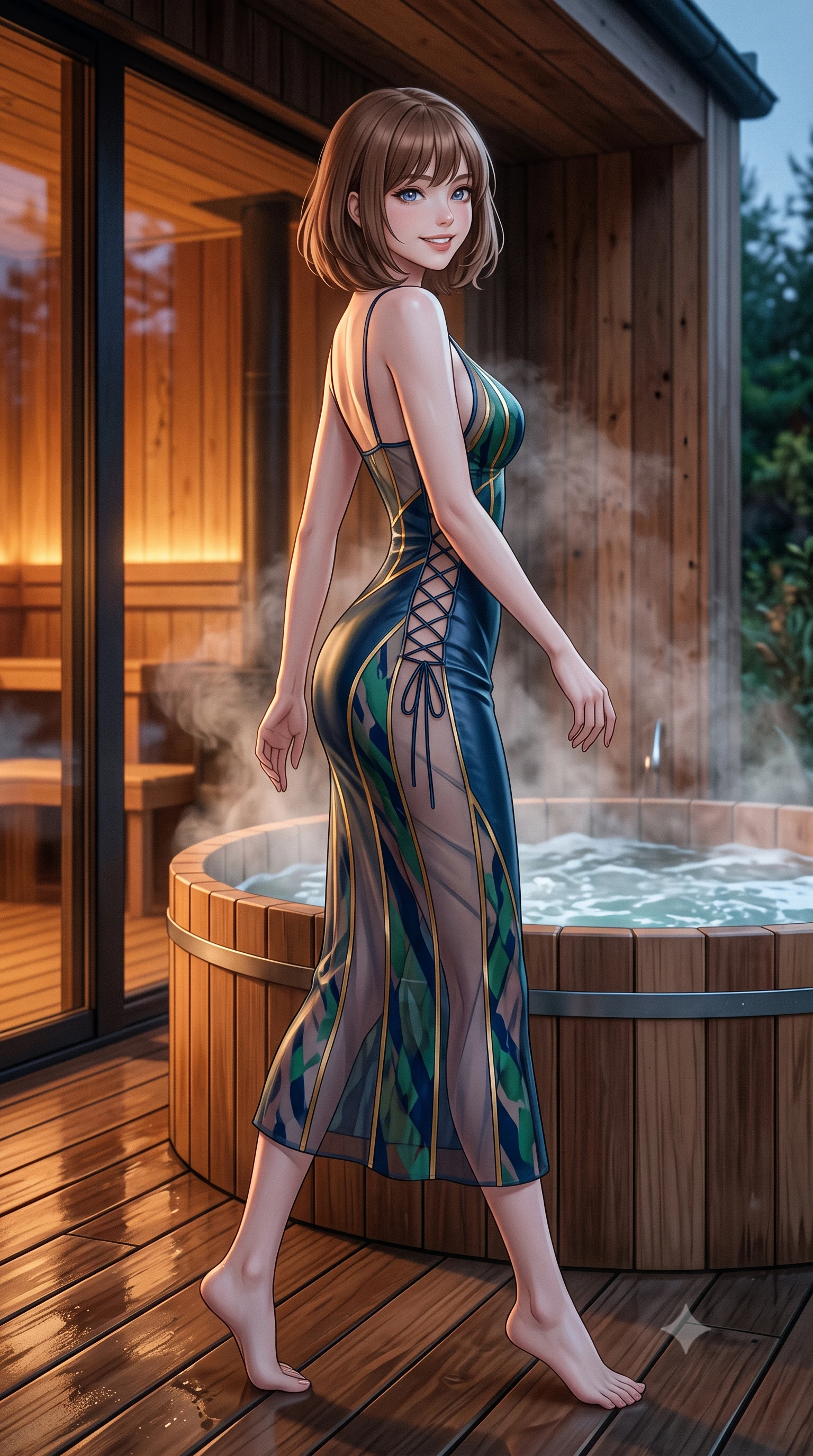 score_9, masterpiece, best quality, ultra-detailed, high-budget anime keyframe, editorial fashion photography, tasteful artistic composition, Caucasian woman. low angle full-body shot from head to toe showing her feet, filling the entire 9:16 vertical frame with her statuesque presence, stretching her vertical silhouette. walking along the terrace with poise, looking back over her bare shoulder with an irresistible smoldering bedroom-gaze while twisting her slender torso in an alluring S-curve beside the heated cedar hot tub, rising pine-scented steam wrapping around her flat midriff and hips. The surrounding environment is rendered in vivid detail and crisp panoramic clarity: detailed garment cut, wet cling or tailored fit, and minimalist Scandinavian craft in high resolution. She has an exceptionally tall and slender model-like 8.5-heads proportion, an ultra-slim waist, a flat toned midriff, narrow delicate ribcage, and beautifully sculpted feminine hips creating a graceful, slim hourglass silhouette without any bulky heaviness, with impossibly long slender legs. sharp v-shaped jawline, high-bridge nose, intricate jewel-like sparkling eyes with depth, thick eyelashes, glossy parted lips with a natural peach sheen, bright cheerful beaming smile with an enchanting and coquettish sensual glint, exuding both youthful cute charm and seductive allure, flawlessly proportioned anatomical accuracy, strict slender model proportions, natural body alignment, perfectly sculpted long slender limbs, ultra-slim waistline, clean dynamic posture without body distortion. wearing a plunge-front sheer illusion tulle slip dress with liquid gold ribbon stripes hugging her curves in Lake Tegernsee emerald glass and royal Bavarian navy, woven from buttery-soft stretch lambskin leather adhering to her body like a second skin, featuring fine criss-cross lace-up side ties revealing tantalizing glimpses of her hip curve, the glove-like clinging cut tightly following the natural contour of her hips and long slender legs with youthful 8.5-heads elegance. bathed in warm 2200K interior sauna amber glows spilling through glass mixed with cool Arctic twilight. ultra-reflective glossy finish, specular highlights, rich textural contrasts, high-contrast stereoscopic depth, volumetric dynamic lighting, 2k, ultra detail, master piece, 9:16 ratio