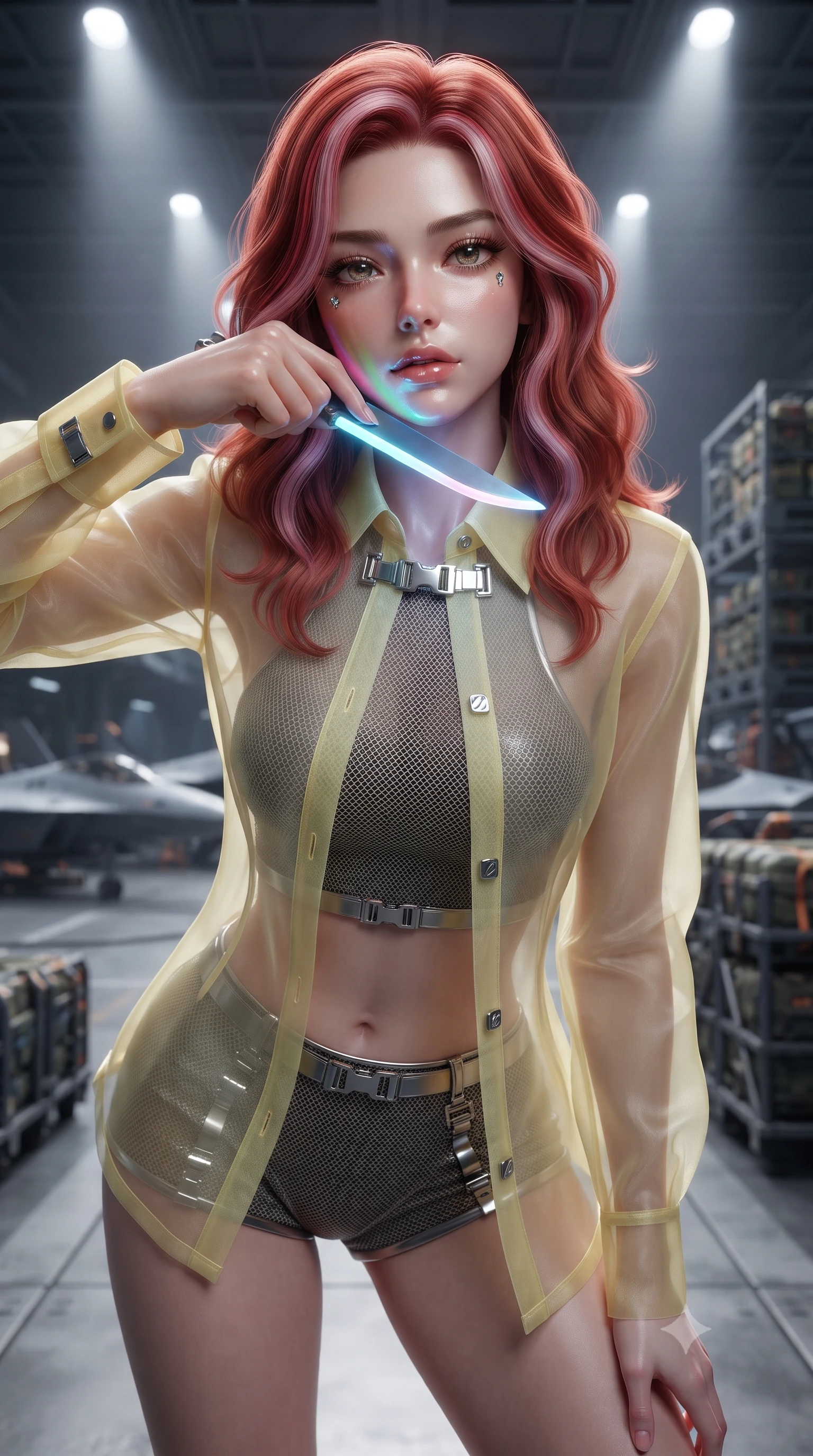 score_9, masterpiece, best quality, ultra-detailed, high-budget anime keyframe, editorial fashion photography, tasteful artistic composition, Caucasian woman. close-up cowboy shot from the waist and thighs up, the character dominates the composition, filling the frame with her large presence, background elements kept in soft focus. pressing the flat side of a glowing vibro-blade against her cheek, locking eyes with the viewer with bedroom-eyes, the background shows a soft-focus the hangar bay of a singularity cruiser with parked fighters and cargo racks. She has an exceptionally elegant, slender, and willowy female figure with an ultra-slim waist, a gracefully sculpted slender torso, and a refined silhouette. sharp v-shaped jawline, high-bridge nose, intricate jewel-like eyes with depth, thick eyelashes, glossy lips with a natural sheen. wearing a tailored sheer organza combat shirt in pale yellow, worn open over a carbon-mesh crop top and micro-shorts. focused overhead white spotlights highlighting the detailed metallic textures. ultra-reflective glossy finish, specular highlights, metallic sheen, high-contrast stereoscopic depth, volumetric dynamic lighting, 2k, ultra detail, master piece, 9:16 ratio