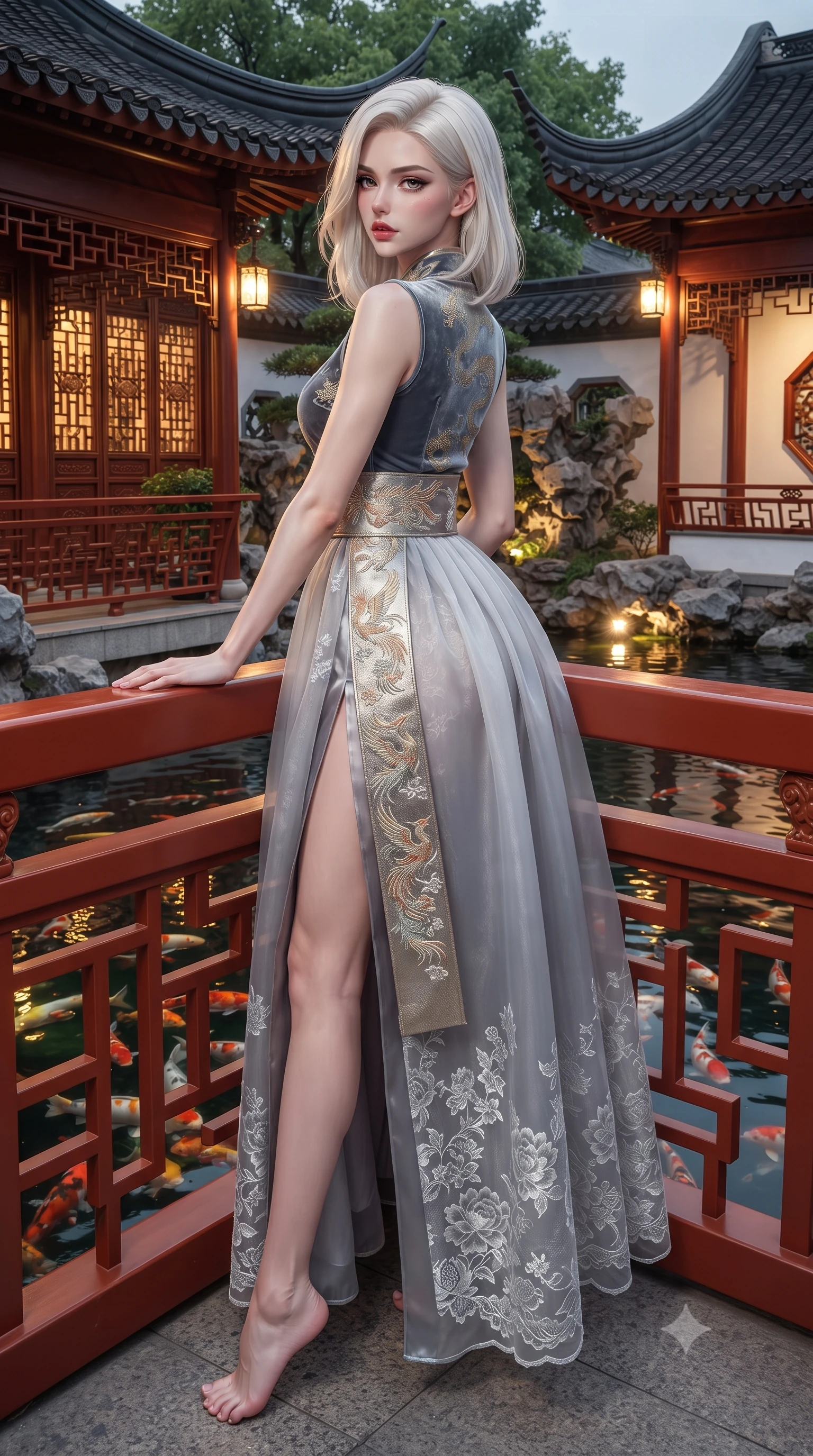 score_9, masterpiece, best quality, ultra-detailed, high-budget anime keyframe, editorial fashion photography, tasteful artistic composition, Caucasian woman. low angle full-body shot from head to toe showing her feet, filling the entire 9:16 vertical frame with her statuesque presence, stretching her vertical silhouette. executing a graceful dancer pivot turn as her layered silk chima skirt flutters around her slender legs, glancing over her shoulder with an intoxicating bedroom-gaze while leaning against the vermilion bridge balustrade with hips cocked back, casting an intoxicating bedroom-gaze over the illuminated koi pond. The surrounding environment is rendered in vivid detail and crisp panoramic clarity: detailed jacquard silk dress sheen, gold dragon embroidery glints, and classical Chinese garden architecture in high resolution. She has an absolutely perfect, statuesque 8.5-heads proportion, an exceptionally tall and slender model-like female figure with impossibly long slender legs, an ultra-slim waist, a flat toned midriff, narrow delicate ribcage, and beautifully sculpted feminine hips creating a graceful, slim hourglass silhouette without any bulky heaviness. sharp v-shaped jawline, high-bridge nose, intricate jewel-like dark sparkling almond eyes with depth, thick lashes, glossy parted lips with a natural rose-plum sheen, bright alluring and coquettish smile with bedroom-eyes, exuding both timeless oriental elegance and sovereign high-fashion allure, flawlessly proportioned anatomical accuracy, strict slender model proportions, natural body alignment, perfectly sculpted long slender limbs, ultra-slim waistline, clean dynamic posture without body distortion. wearing a modern fusion hanbok dress with a structured velvet bodice and cascading sheer ombre organza skirt with front slit in misty ink-wash slate grey and liquid silver, woven from delicate semi-opaque floral lace with oriental peony patterns, finished with a wide metallic obi sash with intricate embroidered phoenix motifs, the high-waisted wrap tailoring accentuating her ultra-slim waistline and the enchanting curve of her feminine hips with alluring oriental charm. illuminated by pavilion floor light panels and sharp gold rim lights defining her razor-sharp jawline, narrow waist, and curvy hips. ultra-reflective glossy finish, specular highlights, rich textural contrasts, high-contrast stereoscopic depth, volumetric dynamic lighting, 2k, ultra detail, master piece, 9:16 ratio