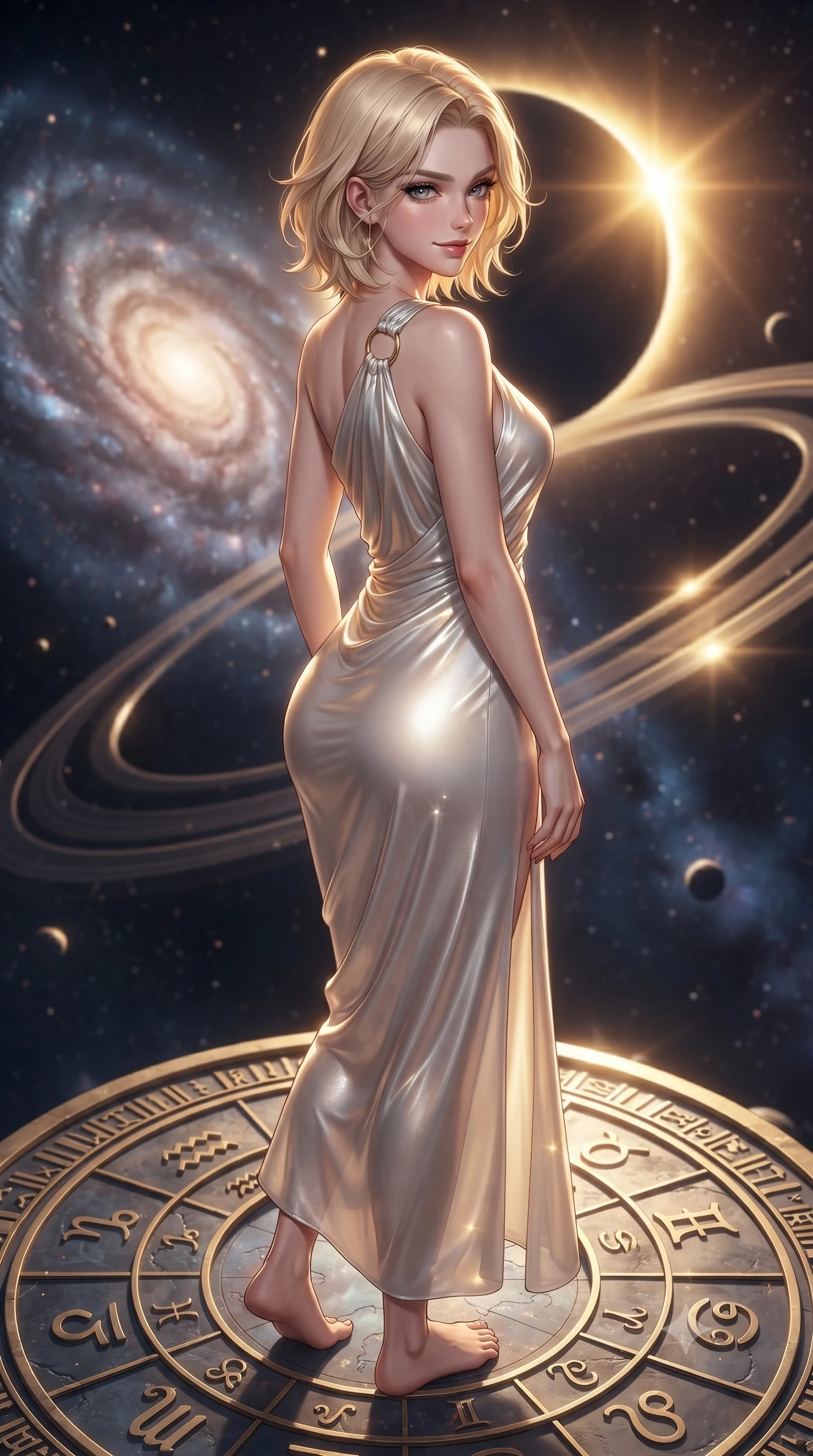 score_9, masterpiece, best quality, ultra-detailed, high-budget anime keyframe, editorial fashion photography, tasteful artistic composition, Caucasian woman. close-up cowboy shot from the waist and thighs up, the character dominates the composition, filling the frame with her large presence, background elements kept in soft focus. Glancing sidelong over her shoulder with a smoldering half-smile and heavy lashes standing on a floating zodiac dial beneath a swirling spiral nebula, a cosmic eclipse casting brilliant golden rim highlights. She has an exceptionally elegant, slender, and willowy female figure with an ultra-slim waist, a gracefully sculpted slender torso, and a refined silhouette. sharp v-shaped jawline, high-bridge nose, intricate jewel-like eyes with depth, thick eyelashes, glossy lips with a natural sheen. wearing an elegant Grecian draped chiffon gown with an asymmetrical shoulder strap and ring detail, the glove-like fit emphasizing her statuesque silhouette. bathed in warm sunbursts filtering through floating orbital rings. ultra-reflective glossy finish, specular highlights, metallic sheen, high-contrast stereoscopic depth, volumetric dynamic lighting, 2k, ultra detail, master piece, 9:16 ratio