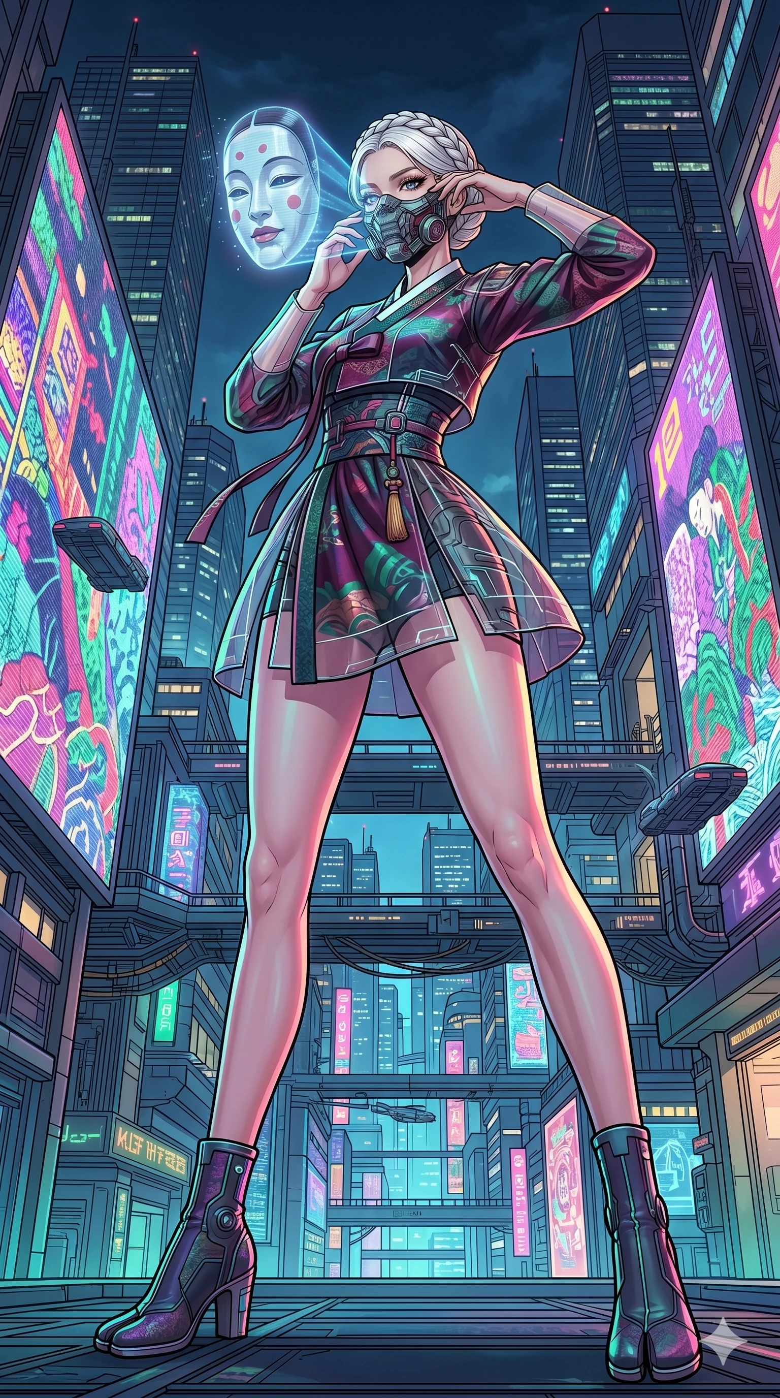 score_9, masterpiece, best quality, ultra-detailed, high-budget anime movie keyframe, cinematic anime lighting, intricate line art, Korean woman. Dynamic full-body shot stretching the vertical silhouette with extreme perspective. adjusting a mechanical mask that projects a different face. She has an absolutely perfect 8-heads proportion, an exceptionally tall and slender female figure with an ultra-slim waist and impossibly long slender legs. strictly human anatomy, two legs only, no extra limbs, clearly defined legs and arms, perfect anatomy, perfect hands and fingers. sharp v-shaped jawline, high-bridge nose, intricate jewel-like eyes, thick eyelashes, glossy lips. Wearing Modern Traditional: Shortened cyber-hanbok with fusion silk robes and transparent panels. The scene is illuminated by dramatic atmospheric lighting and vibrant color palettes. , 2k, ultra detail, master piece, 9:16 ratio