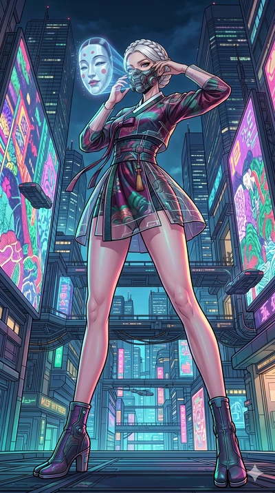 score_9, masterpiece, best quality, ultra-detailed, high-budget anime movie keyframe, cinematic anime lighting, intricate line art, Korean woman. Dynamic full-body shot stretching the vertical silhouette with extreme perspective. adjusting a mechanic