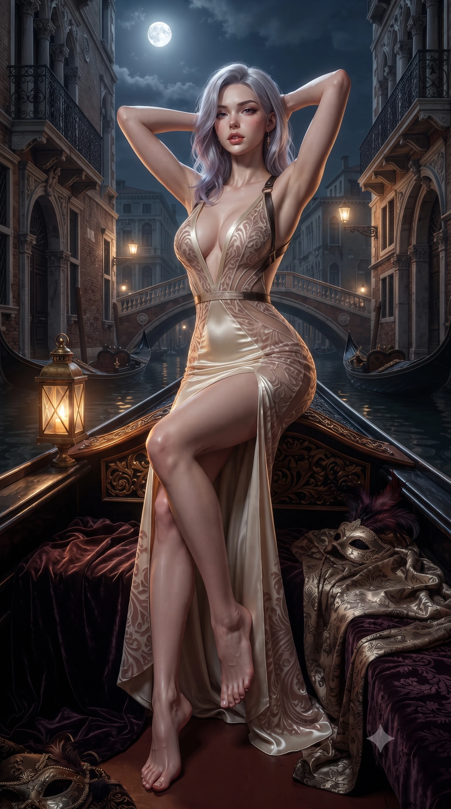 score_9, masterpiece, best quality, ultra-detailed, high-budget anime keyframe, editorial fashion photography, tasteful artistic composition, Caucasian woman. low angle full-body shot from head to toe showing her feet, filling the entire 9:16 vertical frame with her statuesque presence, stretching her vertical silhouette. sitting perched on the elevated edge with hips angled toward the camera and legs crossed, displaying her toned midriff and flawlessly sculpted slender limbs while stretching languidly on the gondola daybed with hands raised behind her head, parted glossy lips reflecting flickering lantern glow. The surrounding environment is rendered in vivid detail and crisp panoramic clarity. rich high-contrast Venetian nocturnal chiaroscuro and decadent masquerade romance aesthetics in precision. She has an exceptionally tall and slender model-like 8.5-heads proportion, an ultra-slim waist, a flat toned midriff, narrow delicate ribcage, and beautifully sculpted feminine hips creating a graceful, slim hourglass silhouette without any bulky heaviness, with impossibly long slender legs. sharp v-shaped jawline, high-bridge nose, intricate jewel-like eyes with depth, thick eyelashes, glossy parted lips with a natural sheen, intensely captivating and seductive bedroom-eyes expression, flawlessly proportioned anatomical accuracy, strict slender model proportions, natural body alignment, perfectly sculpted long slender limbs, ultra-slim waistline, clean dynamic posture without body distortion. wearing a plunging-V neckline duchess satin gown with high side slits ascending to the high hip in vintage champagne ivory and delicate rose gold, made of sheer contouring power-mesh with velvet flocking patterns, featuring an open-back criss-cross harness strap in dark leather, the form-contouring material adhering flawlessly to her sculpted flat midriff and slender torso, emphasizing her long leg lines and perfectly proportioned willowy build. bathed in cool silver full-moon light streaming from above and warm amber gondola lantern uplights. ultra-reflective glossy finish, specular highlights, rich textural contrasts, high-contrast stereoscopic depth, volumetric dynamic lighting, 2k, ultra detail, master piece, 9:16 ratio