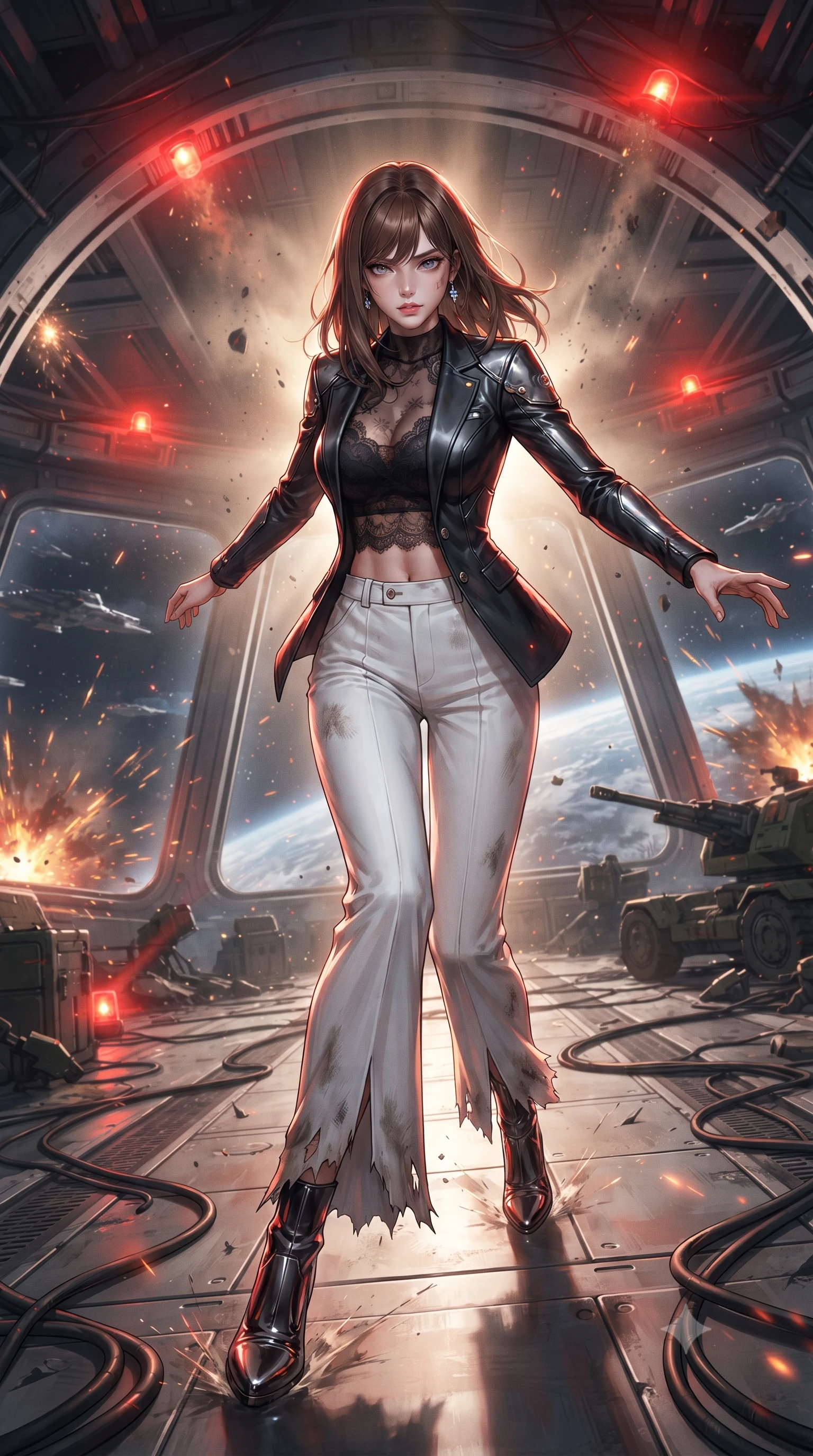 score_9, masterpiece, best quality, ultra-detailed, high-budget anime keyframe, editorial fashion photography, tasteful artistic composition, realistic cosplay photography, Korean woman. low angle full-body shot from head to toe showing her feet, filling the entire 9:16 vertical frame with her statuesque presence, stretching her vertical silhouette. skidding across a metal flight deck as the starship tilts violently during battle inside inside a orbital fortress under bombardment, metal arches shaking and dust falling as red warning sirens flash. She has a statuesque 8.5-heads proportion, an exceptionally tall, slender and willowy model-like build with impossibly long legs and a highly sculpted ultra-slim waist. sharp v-shaped jawline, high-bridge nose, intricate jewel-like eyes with depth, thick eyelashes, glossy lips with a natural sheen. wearing tailored for maximum mobility, sleek form-contouring panels that allow fluid movement, a body-hugging black blazer layered over a sheer lace crop top and high-waisted white wide-leg trousers. dramatic backlight creating a radiant halo effect around her entire silhouette. ultra-reflective glossy finish, specular highlights, metallic sheen, high-contrast stereoscopic depth, volumetric dynamic lighting, 2k, ultra detail, master piece, 9:16 ratio