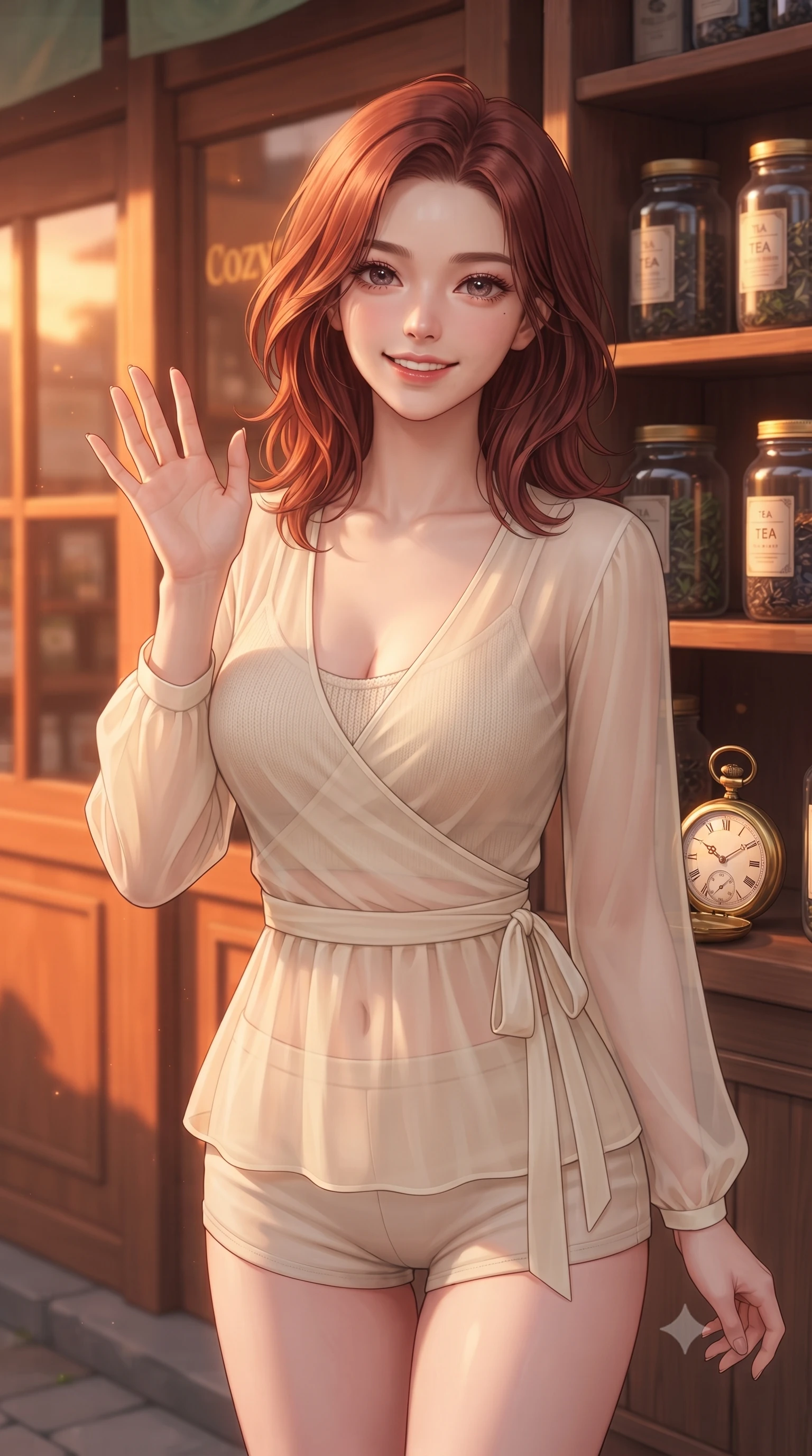 score_9, masterpiece, best quality, ultra-detailed, high-budget anime keyframe, editorial fashion photography, tasteful artistic composition, Korean woman. close-up cowboy shot from the waist and thighs up, the character dominates the composition, filling the frame with her large presence, background elements kept in soft focus. flashing a sweet, beaming smile while waving one hand gently toward the camera set against a soft-focus background of outside a cozy tea shop with jars of tea leaves displayed on wooden shelves holding a vintage brass pocket watch with a curious, playful look. She has an exceptionally elegant, slender, and willowy female figure with an ultra-slim waist, a gracefully sculpted slender torso, and a refined silhouette. sharp v-shaped jawline, high-bridge nose, intricate jewel-like eyes with depth, thick eyelashes, glossy lips with a natural sheen. wearing body-hugging sheer chiffon wrap top in cream, worn over a slim-fit knit bralette and low-cut shorts. cozy golden hour sunset light painting the wooden shopfronts in orange. ultra-reflective glossy finish, specular highlights, metallic sheen, high-contrast stereoscopic depth, volumetric dynamic lighting, 2k, ultra detail, master piece, 9:16 ratio