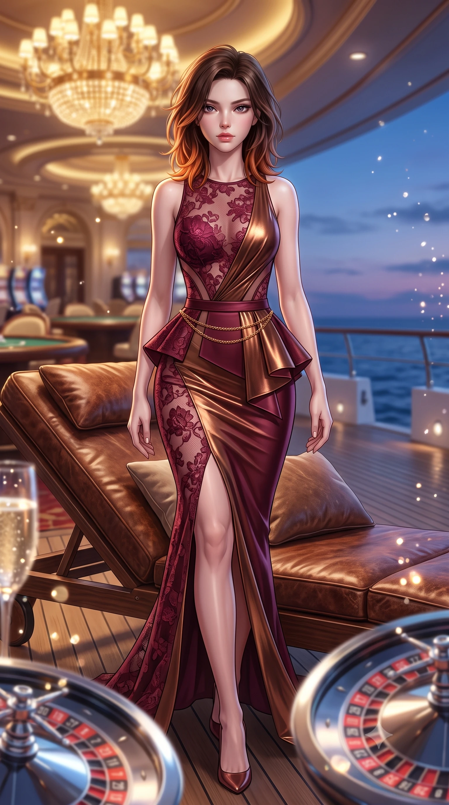 score_9, masterpiece, best quality, ultra-detailed, high-budget anime keyframe, semi-realistic 3D game render, editorial fashion photography, tasteful artistic composition, Korean woman. low angle full-body shot from head to toe showing her feet, filling the entire 9:16 vertical frame with her statuesque presence, stretching her vertical silhouette. striding forward in a proud supermodel runway stride, hips swaying in an alluring kinetic rhythm that accentuates her curvy hourglass silhouette while lounging languidly across an outdoor leather yacht lounger, one leg extended and torso propped on one elbow to accentuate her sweeping hip line. The composition keeps background elements in soft focus with creamy bokeh. crystal champagne bubbles and roulette wheel chrome reflections scattering sparkling light motes. She has an absolutely perfect, statuesque 8.5-heads proportion, an exceptionally tall and slender model-like female figure with impossibly long slender legs, a toned flat midriff, an ultra-slim waist, and beautifully sculpted feminine hips. sharp v-shaped jawline, high-bridge nose, intricate jewel-like eyes with depth, thick eyelashes, glossy parted lips with a natural sheen, intensely captivating and seductive bedroom-eyes expression, flawlessly proportioned anatomical accuracy, strict slender model proportions, natural body alignment, perfectly sculpted long slender limbs, ultra-slim waistline, clean dynamic posture without body distortion. wearing a structural geometric peplum gown with sheer side-ribbon cutouts and form-fitting skirt in rich wine burgundy and liquid bronze, formed from shimmering floral lace over smooth opaque silk lining, accented with a delicate gold chain belt resting loosely on her curvy hips, the second-skin form-contouring cut accentuating her sculpted flat midriff, narrow waistline, and dramatically curvy hips without adding bulk. bathed in opulent golden casino chandelier light and cool Mediterranean twilight ambient fill. highly saturated vibrant anime colors, detailed shading with soft gradients, rich glossy textures, high-contrast stereoscopic depth, volumetric dynamic lighting, master piece, 9:16 ratio