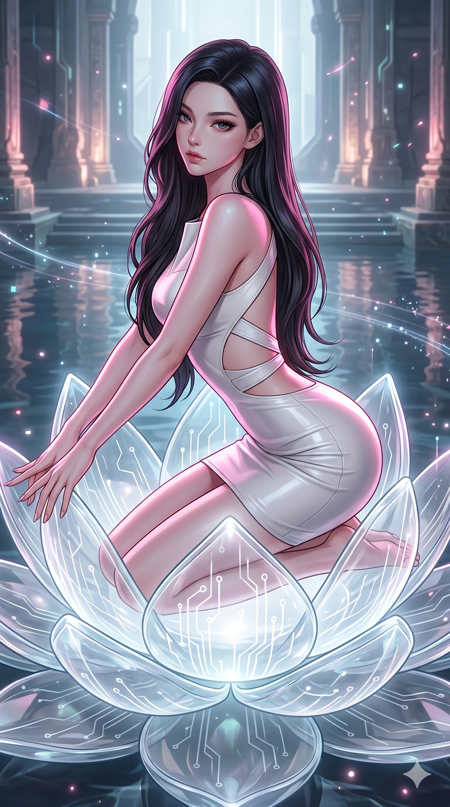 score_9, masterpiece, best quality, ultra-detailed, high-budget anime keyframe, editorial fashion photography, tasteful artistic composition, Korean woman. Upper body close-up from the thighs up, character filling the screen for maximum presence. She is kneeling on a giant glowing glass lotus blossom floating in a tech-temple pond. She stretches forward with an alluring arch of her spine, glancing over her shoulder with thick eyelashes. She has an absolutely perfect 8-heads proportion, an exceptionally tall and slender female figure with impossibly long slender legs and an ultra-slim waist. V-shaped jawline, high-bridge nose, intricate jewel-like eyes with depth, thick eyelashes, glossy lips with a natural sheen. She is wearing a second-skin fashion-latex mini dress with a clean architectural front, featuring an open-back design that wraps around the sides of her waist, showcasing her slender silhouette. The scene is illuminated by soft glowing white ambient lights and sharp pink side key lights tracing her neck and waist. 2k, ultra detail, master piece, 9:16 ratio