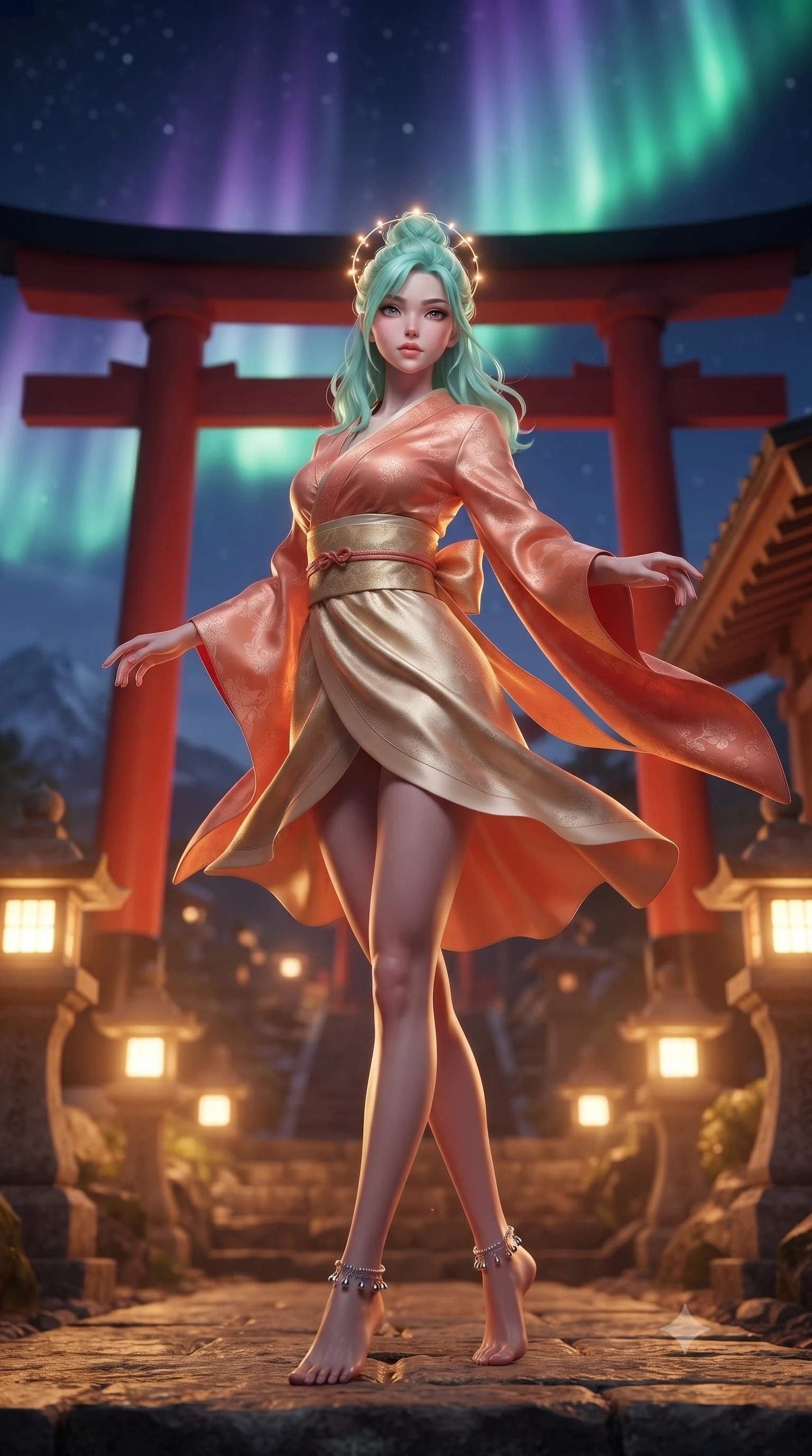 score_9, masterpiece, best quality, ultra-detailed, high-budget anime keyframe, editorial fashion photography, tasteful artistic composition, Japanese woman. low angle full-body shot from head to toe showing her feet, filling the entire 9:16 vertical frame with her statuesque presence, stretching her vertical silhouette. executing an elegant mid-motion spin with effortless grace, her garments fluttering softly around her ultra-slim waistline while standing atop a mountain shrine ridge framed by a colossal vermilion torii gate under a dancing violet and emerald aurora. The composition keeps background elements in soft focus with creamy bokeh. glowing stone lanterns and wooden shrine eaves softened in cinematic shallow depth of field. She has an absolutely perfect, statuesque 8.5-heads proportion, an exceptionally tall and slender model-like female figure with impossibly long slender legs, a toned flat midriff, and an ultra-slim waist. sharp v-shaped jawline, high-bridge nose, intricate jewel-like eyes with depth, thick eyelashes, glossy lips with a natural sheen, captivating and magnetic expression, flawlessly proportioned anatomical accuracy, strict slender model proportions, natural body alignment, perfectly sculpted long slender limbs, ultra-slim waistline, clean dynamic posture without body distortion. wearing a traditional-modern silk fusion wrap dress with asymmetric trailing sleeves and waist-cinching obi in sunrise coral and champagne gold, made of liquid-smooth silk satin with subtle floral jacquard, accented with dainty silver ankle bells and a glowing constellation circlet, the glove-like aerodynamic second-skin fit tightly clinging to her ultra-slender waist and athletic curves without adding bulk, accentuating her razor-sharp statuesque lines and slim hourglass silhouette. bathed in vibrant emerald and violet aurora light overhead and warm golden lantern uplights from below. ultra-reflective glossy finish, specular highlights, rich textural contrasts, high-contrast stereoscopic depth, volumetric dynamic lighting, 2k, ultra detail, master piece, 9:16 ratio