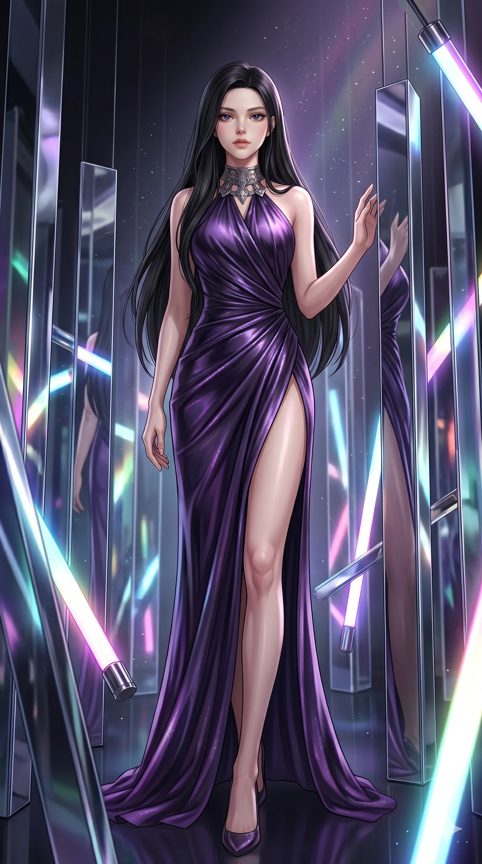 score_9, masterpiece, best quality, ultra-detailed, high-budget anime keyframe, Korean woman. low angle full-body shot filling the entire 9:16 frame with her statuesque presence, stretching the vertical silhouette. navigating a kinetic light-sculpture mirror maze, passing between floating chromium mirror pillars and rotating LED sticks. She has an absolutely perfect 8-heads proportion, an exceptionally tall and slender female figure with impossibly long slender legs and an ultra-slim waist. V-shaped jawline, high-bridge nose, intricate jewel-like eyes with depth, thick eyelashes, glossy lips with a natural sheen.. wearing a gothic liquid silk gown, featuring a deep purple liquid silk maxi gown draped around her, secured by a metallic choker collar, with a high side slit. illuminated by dramatic chiaroscuro casting soft shadows along her curves, with vibrant backlighting highlighting the dust particles. 2k, ultra detail, master piece, 9:16 ratio