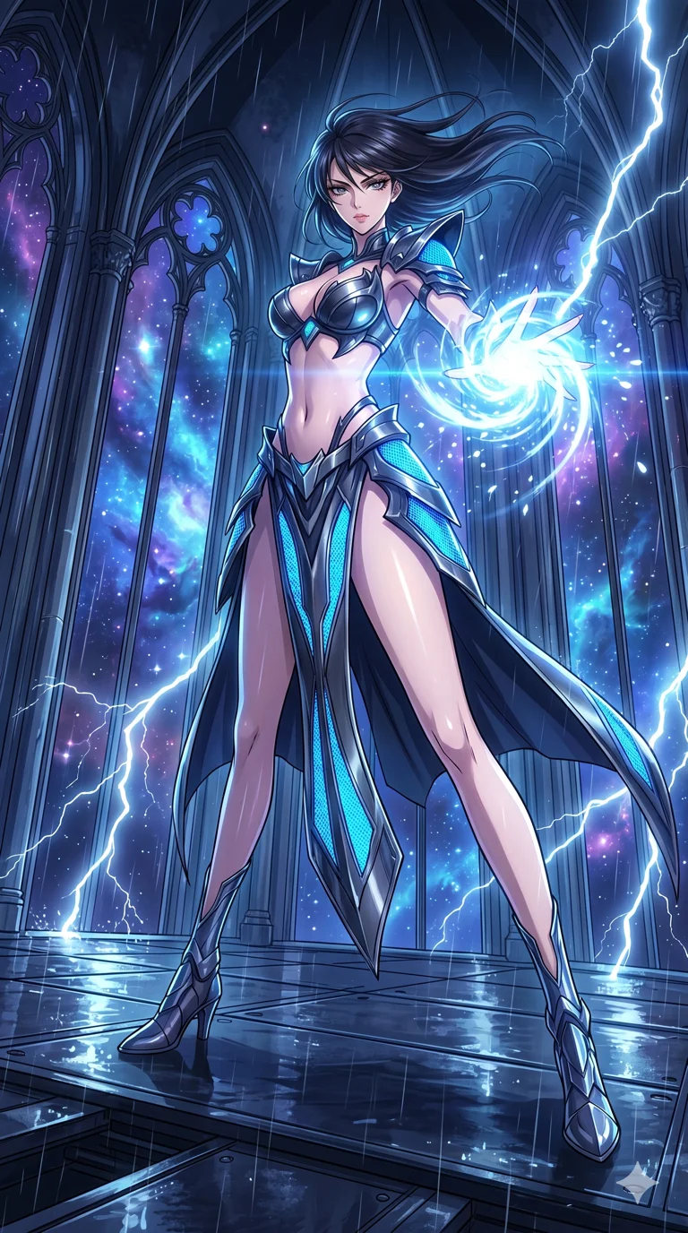 score_9, masterpiece, best quality, ultra-detailed, High-budget Anime Keyframe, vibrant colors, fluid line-art, expressive lighting, cinematic composition, Ufotable-style visual effects, top-tier animation quality, Japanese woman with delicate and elegant anime-inspired features. Wide-angle low shot emphasizing her impossibly long slender legs and commanding stature. Charging a devastating energy blast between her palms during a fierce thunderstorm on a metallic plateau, lightning striking around her. She has an absolutely perfect 8-heads proportion, an exceptionally tall and slender female figure with impossibly long slender legs and an ultra-slim waist, her statuesque height and towering silhouette dominating the vertical 9:16 frame. Her face is a masterpiece featuring a sharp v-shaped jawline, high-bridge nose, intricate jewel-like eyes with depth, thick eyelashes, and glossy lips with a natural sheen. She is wearing a Metallic armor-bikini with sharp, aggressive edges and integrated energy-shield generators crafted from Fluorescent mesh that glows brightly under neon light, highlighting her silhouette, with a dangerous high slit that showcases her impossibly long slender legs. The scene is set in a majestic gothic cathedral in deep space with massive windows overlooking a swirling nebula, illuminated by flickering starlight and nebula glow providing a mystical and vast ambiance. 2k, ultra detail, master piece, 9:16 ratio