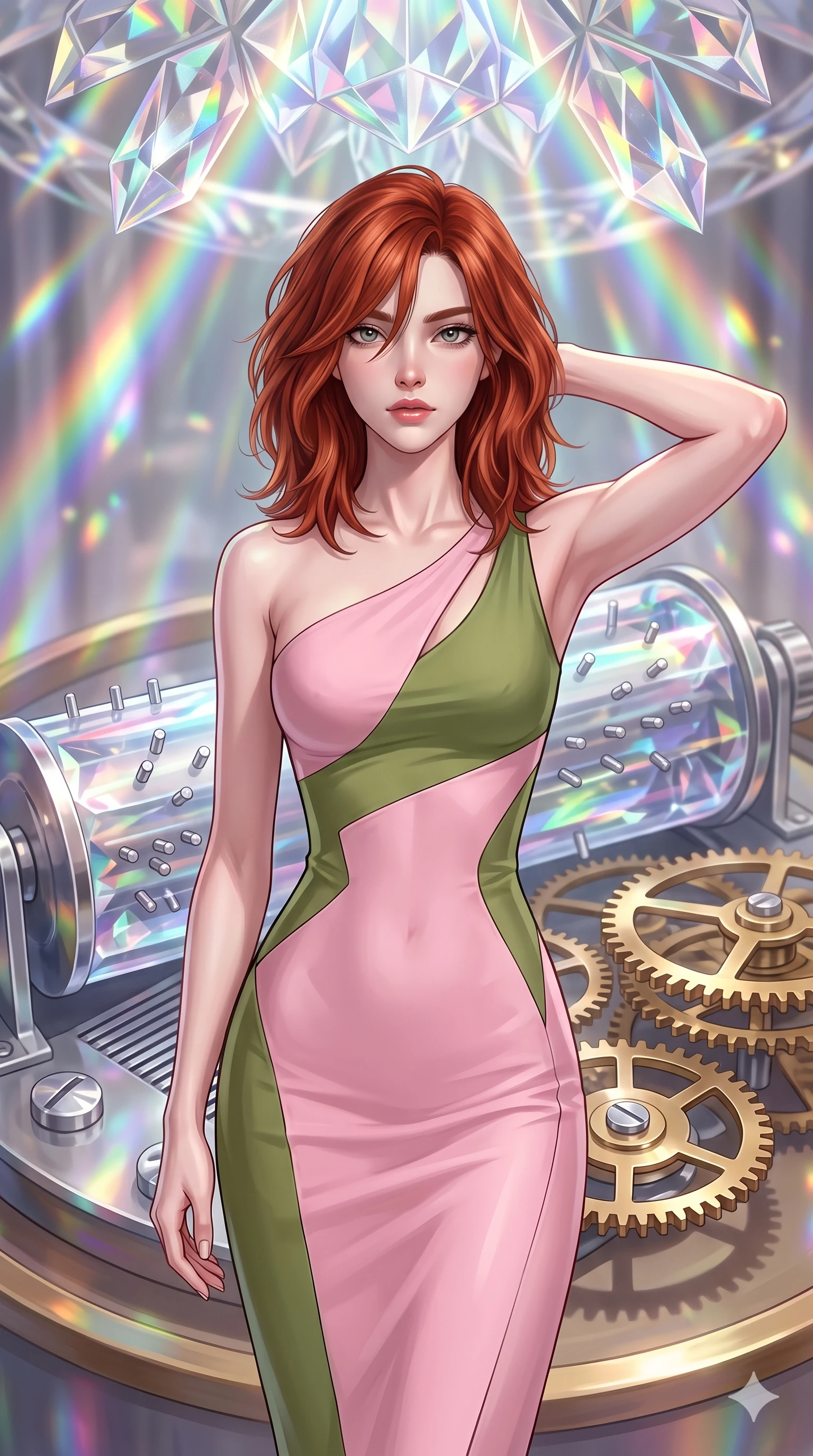 score_9, masterpiece, best quality, ultra-detailed, high-budget anime keyframe, editorial fashion photography, tasteful artistic composition, Korean woman. close-up cowboy shot from the waist and thighs up, the character dominates the composition, filling the frame with her large presence, background elements kept in soft focus. Placing one hand behind her head with confident body language and a direct stare. set against a soft-focus background of inside a giant music box mechanism with rotating crystal cylinders silver pins plucking ethereal melodies and delicate clockwork gears of polished brass turning in perfect synchronization. She has an exceptionally elegant and slender, willowy female figure with an ultra-slim waist, a gracefully sculpted slender torso, and a refined slim physique. sharp v-shaped jawline, high-bridge nose, intricate jewel-like eyes with depth, thick eyelashes, glossy lips with a natural sheen. wearing a sleek asymmetric one-shoulder dress in a color-blocked pattern of pastel pink and olive green, following her slender frame with sharp lines. cascading rainbow prismatic light refracting through crystal formations overhead. 2k, ultra detail, master piece, 9:16 ratio