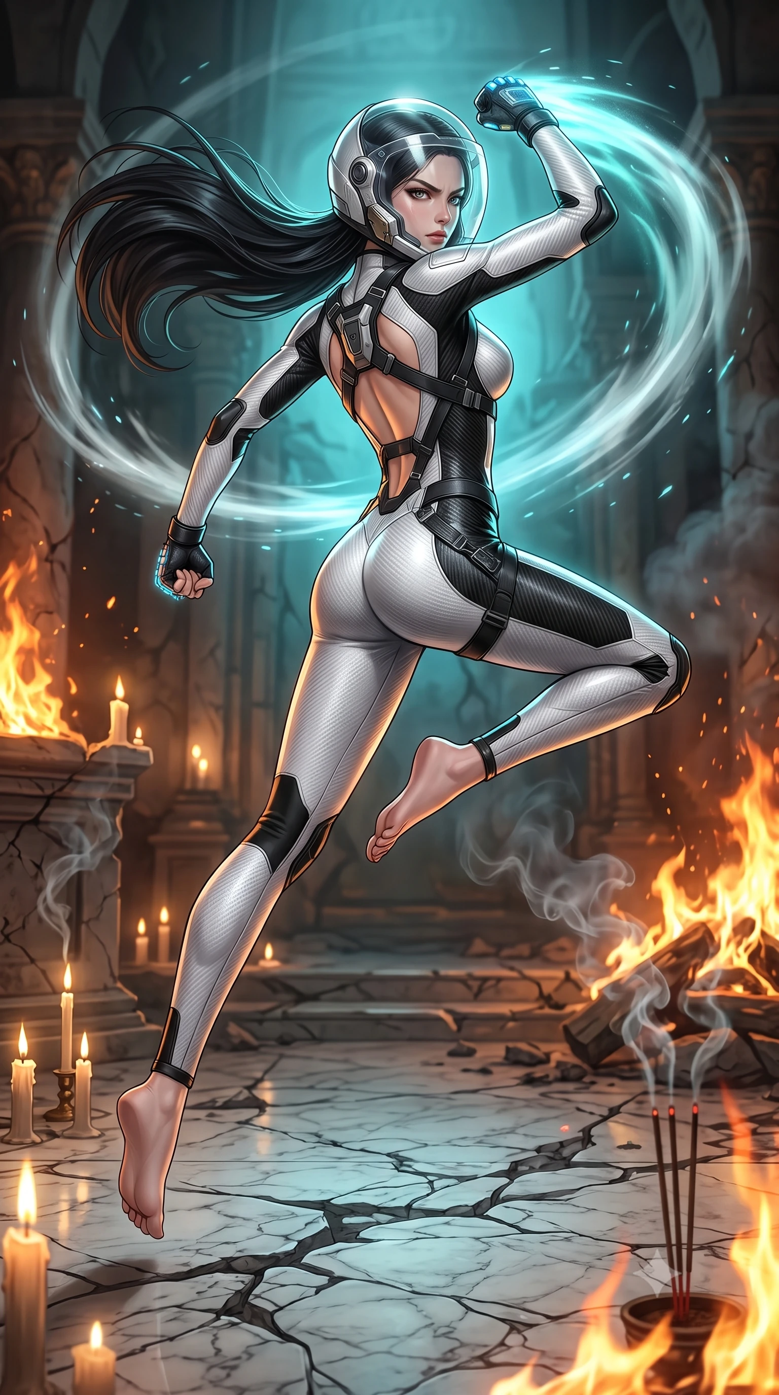score_9, masterpiece, best quality, ultra-detailed, high-budget anime keyframe, semi-realistic 3D game render, editorial fashion photography, tasteful artistic composition, Korean woman. low angle full-body shot from head to toe showing her feet, filling the entire 9:16 vertical frame with her statuesque presence, stretching her vertical silhouette. leaping into mid-air with an athletic yet alluring arch of her spine, driving a downward kinetic strike surrounded by a ring of displaced air while striding forward through drifting incense and cordite smoke with fierce, regal warrior composure. The surrounding environment is rendered in vivid detail and crisp panoramic clarity. sharp titanium jaw-guard bevels, glowing knuckle LED coils, and cracked marble floor textures in deep focus. She has an absolutely perfect, statuesque 8.5-heads proportion, an exceptionally tall and slender model-like female figure with impossibly long slender legs, a toned flat midriff, and an ultra-slim waist. sharp v-shaped jawline, high-bridge nose, intricate jewel-like eyes with depth, thick eyelashes, glossy lips with a natural sheen, fierce and resolute heroine expression, flawlessly proportioned anatomical accuracy, strict slender model proportions, natural body alignment, perfectly sculpted long slender limbs, ultra-slim waistline, clean dynamic posture without body distortion. wearing a crystal-clear transparent armored riot-visor helmet showing her entire beautiful face and determined expression with pristine clarity, paired with a tailored tactical combat jumpsuit with an open-back harness design, reinforced composite breastplate, and high-mobility elbow dampers in monochrome white enamel carbon with high-contrast black tactical panels, crafted from ultra-strong woven carbon-fiber composite with battle-tested satin luster, complemented by criss-cross back harness straps highlighting her completely bare spine, the sleek second-skin cut tightly hugging her graceful clavicle, narrow waist, and feminine curves with athletic precision. bathed in flickering candlelight and blazing fires with cool cyan kinetic energy backlighting. rich saturated anime colors with glowing neon highlights, detailed shading with soft gradients, rich glossy textures, high-contrast stereoscopic depth, volumetric dynamic lighting, master piece, 9:16 ratio