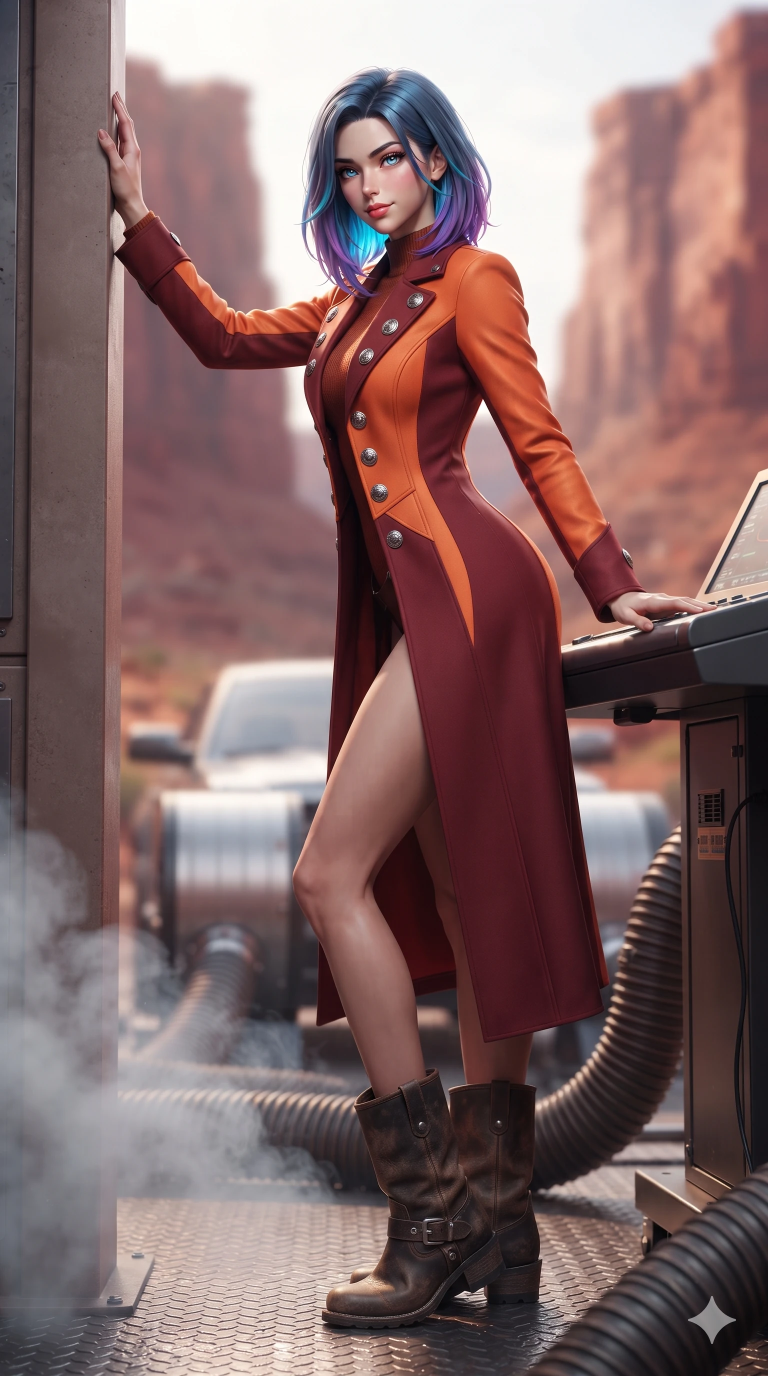 score_9, masterpiece, best quality, ultra-detailed, high-budget anime keyframe, editorial fashion photography, tasteful artistic composition, Caucasian woman. low angle full-body shot from head to toe showing her feet, filling the entire 9:16 vertical frame with her statuesque presence, stretching her vertical silhouette. standing tall beside the architectural column, one hand resting high while arching her lower back to emphasize her sculpted feminine hips and slender waist while leaning forward over the dyno console with hips cocked back, looking into the camera with an intoxicating smoldering gaze as exhaust heat wafts past. The background shows a soft-focus chrome dyno roller drums, heavy-duty industrial exhaust hoses, and towering red canyon walls in the background blurred into steel, crimson, and copper bokeh. She has an absolutely perfect, statuesque 8.5-heads proportion, an exceptionally tall and slender model-like female figure with impossibly long slender legs, an ultra-slim waist, a flat toned midriff, narrow delicate ribcage, and beautifully sculpted feminine hips creating a graceful, slim hourglass silhouette without any bulky heaviness. sharp v-shaped jawline, high-bridge nose, sparkling eyes with hypnotic seductive depth, thick curled eyelashes, glossy parted lips with a natural dewy peach sheen, alluring bedroom-eyes with an enchanting coquettish smile, exuding magnetic siren charisma and sophisticated glamour, flawlessly proportioned anatomical accuracy, strict slender model proportions, natural body alignment, perfectly sculpted long slender limbs, ultra-slim waistline, clean dynamic posture without body distortion. wearing a tailored Western duster coat with silver concho buttons and structured lapels layered over a modest high-neck knit in blazing desert sunset orange and deep canyon crimson, tailored from second-skin technical compression neoprene with athletic curve-sculpting stretch, complemented by rugged distressed leather motorcycle boots with silver buckle hardware, the impeccably tailored cut draping gracefully along her slender figure with aristocratic western poise. illuminated by diamond-plate floor bounce and sharp copper-gold rim lights defining her razor-sharp jawline, narrow waist, and curvy hips. ultra-reflective glossy finish, specular highlights, rich textural contrasts, high-contrast stereoscopic depth, volumetric dynamic lighting, 2k, ultra detail, master piece, 9:16 ratio