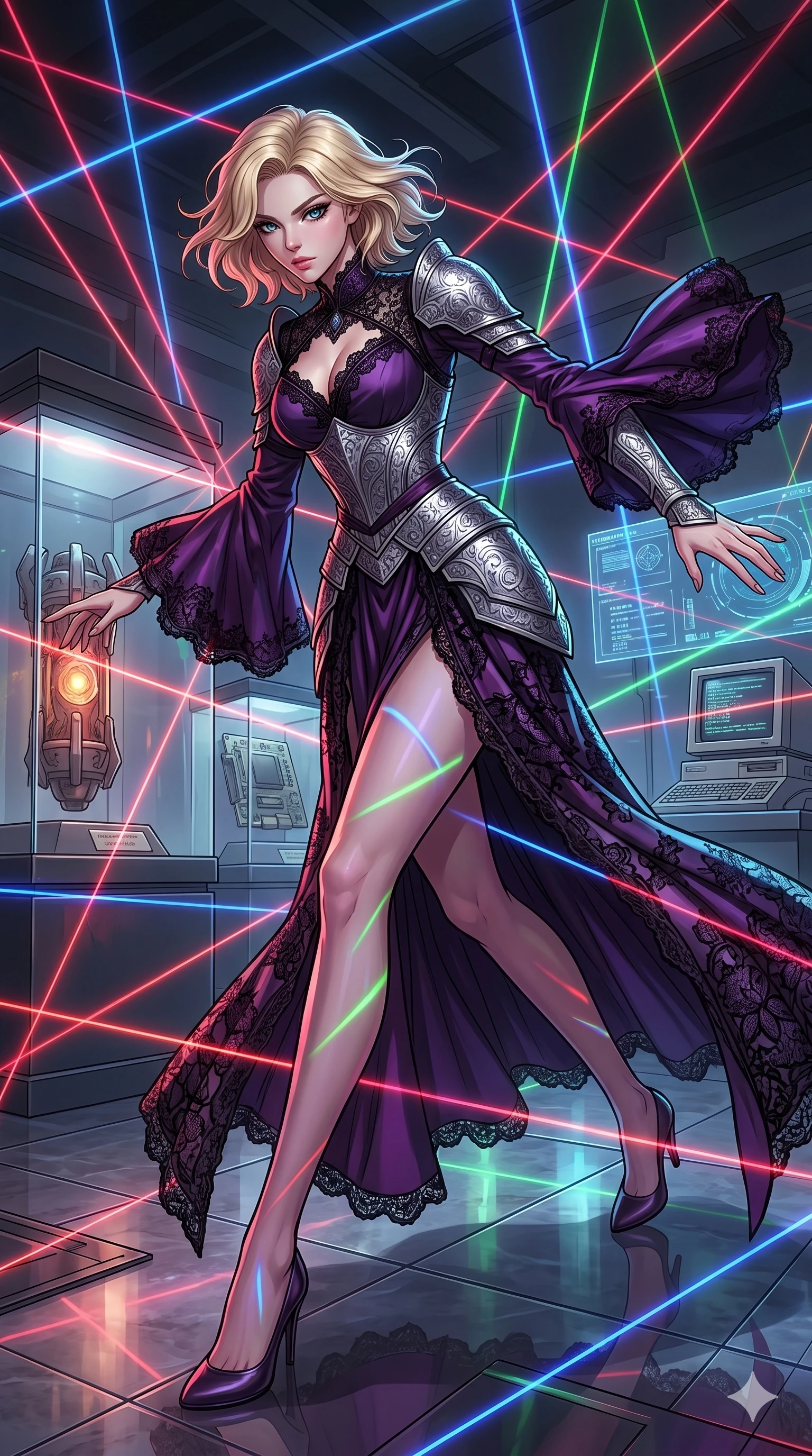 score_9, masterpiece, best quality, ultra-detailed, high-budget anime movie keyframe, cinematic anime lighting, intricate line art, Japanese woman. Dynamic full-body shot stretching the vertical silhouette with extreme perspective. navigating a field of lasers in a museum of ancient technology. She has an absolutely perfect 8-heads proportion, an exceptionally tall and slender female figure with graceful and slender proportions. strictly human anatomy, two legs only, no extra limbs, clearly defined legs and arms, perfect anatomy, perfect hands and fingers. sharp v-shaped jawline, high-bridge nose, intricate jewel-like eyes, thick eyelashes, glossy lips. Wearing Dark Fantasy: Gothic lace corset gown, bell-sleeved sorceress robes, and engraved silver plate armor over silk. The scene is illuminated by dramatic atmospheric lighting and vibrant color palettes. , 2k, ultra detail, master piece, 9:16 ratio