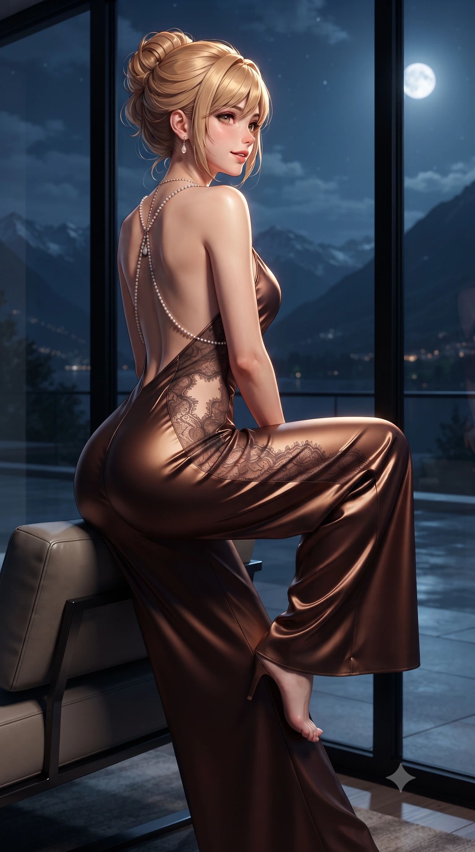 score_9, masterpiece, best quality, ultra-detailed, high-budget anime keyframe, editorial fashion photography, tasteful artistic composition, Caucasian woman. close-up cowboy shot from the waist and thighs up, the character dominates the composition, filling the frame with her large presence. perched sideways on the lounge seat, one knee drawn up to showcase her slender leg line while her arched back accentuates her feminine hip curve while leaning against the black structural glass wall with hips cocked back, looking over a bare shoulder toward the moonlit Italian Alps. The surrounding environment is rendered in vivid detail and crisp panoramic clarity: detailed backless halterneck column dress drape, dewy skin highlights, and Italian architectural minimalism in high resolution. She has an exceptionally elegant, slender, and willowy female figure with an ultra-slim waist, flat toned midriff, narrow ribcage, and sculpted feminine hips creating an alluring, slim hourglass silhouette without bulk. sharp v-shaped jawline, high-bridge nose, sparkling eyes with hypnotic seductive depth, thick curled eyelashes, glossy parted lips with a natural dewy peach sheen, alluring bedroom-eyes with an enchanting coquettish smile, exuding magnetic siren charisma and sophisticated glamour, flawlessly proportioned anatomical accuracy, strict slender model proportions, natural body alignment, perfectly sculpted long slender limbs, ultra-slim waistline, clean dynamic posture without body distortion. wearing a backless plunge-front silk satin jumpsuit with fluid wide-leg silhouette and side hip cutouts in sultry espresso bronze and metallic copper, made of delicate semi-sheer French Chantilly lace with intricate eyelash edges, accented with a pearl-drop body harness subtly framing her dewy collarbones and spine, the precision-cut side openings and low-back scoop framing her graceful spine and the sensual sweep of her slim, toned hips. illuminated by lake water specular bounce and sharp warm-gold rim lights defining her delicate clavicles, narrow waist, and curvy hips. ultra-reflective glossy finish, specular highlights, rich textural contrasts, high-contrast stereoscopic depth, volumetric dynamic lighting, 2k, ultra detail, master piece, 9:16 ratio