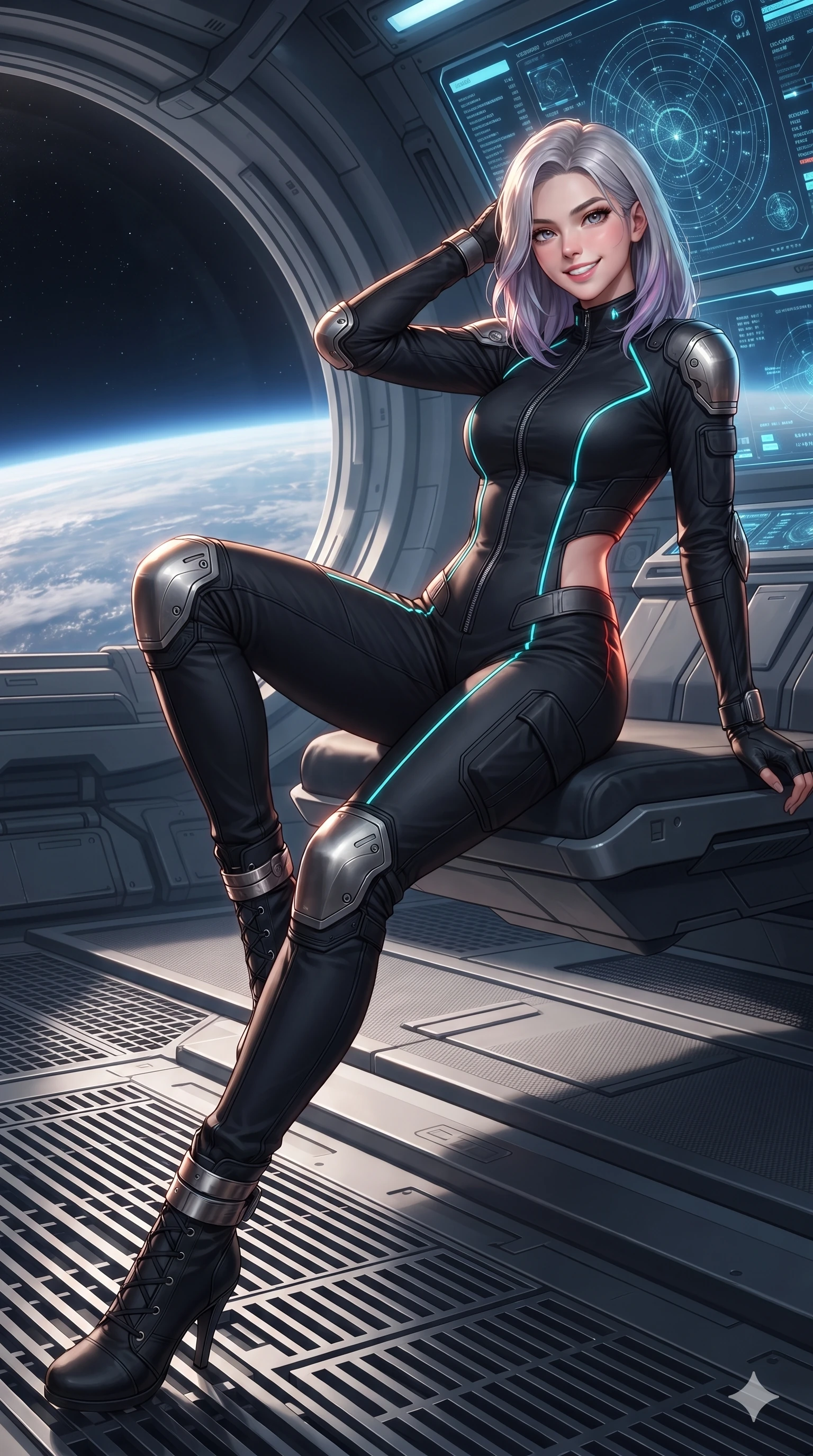 score_9, masterpiece, best quality, ultra-detailed, high-budget anime keyframe, editorial fashion photography, tasteful artistic composition, Caucasian woman. close-up cowboy shot from the waist and thighs up, the character dominates the composition, filling the frame with her large presence. leaning back against the glowing maintenance bulkhead with relaxed seductive grace, her flat midriff and narrow waist highlighted as laser ambient light traces her curves while lounging poised on the anti-gravity observation seat propped on one elbow with legs extended, displaying her long slender limbs against the curved event horizon. The surrounding environment is rendered in vivid detail and crisp panoramic clarity: sharp titanium catwalk grating, heavy bulkhead pressure seals, and crisp holographic astronomical charts in deep focus. She has an exceptionally elegant, slender, and willowy female figure with an ultra-slim waist, flat toned midriff, narrow ribcage, and sculpted feminine hips creating an alluring, slim hourglass silhouette without bulk. sharp v-shaped jawline, high-bridge nose, intricate jewel-like sparkling eyes with depth, thick eyelashes, glossy parted lips with a natural sheen, bright confident smile with an enchanting and coquettish sensual glint, exuding both youthful magnetic charm and sovereign high-tech allure, flawlessly proportioned anatomical accuracy, strict slender model proportions, natural body alignment, perfectly sculpted long slender limbs, ultra-slim waistline, clean dynamic posture without body distortion. wearing a high-neck tactical reconnaissance jumpsuit with reinforced knee and elbow articulation guards in matte obsidian black and glowing neon cyan trim, tailored from brushed aeronautical titanium alloy with matte satin sheen, complemented by strappy stiletto combat boots with metallic ankle wraps accentuating her slender calves, the bespoke structured tailoring following the natural line of her 8.5-heads silhouette with refined elegance. illuminated by viewport reflection bounce and sharp gold-crimson rim lights sculpting her razor-sharp jawline, narrow waist, and curvy hips. ultra-reflective glossy finish, specular highlights, rich textural contrasts, high-contrast stereoscopic depth, volumetric dynamic lighting, 2k, ultra detail, master piece, 9:16 ratio