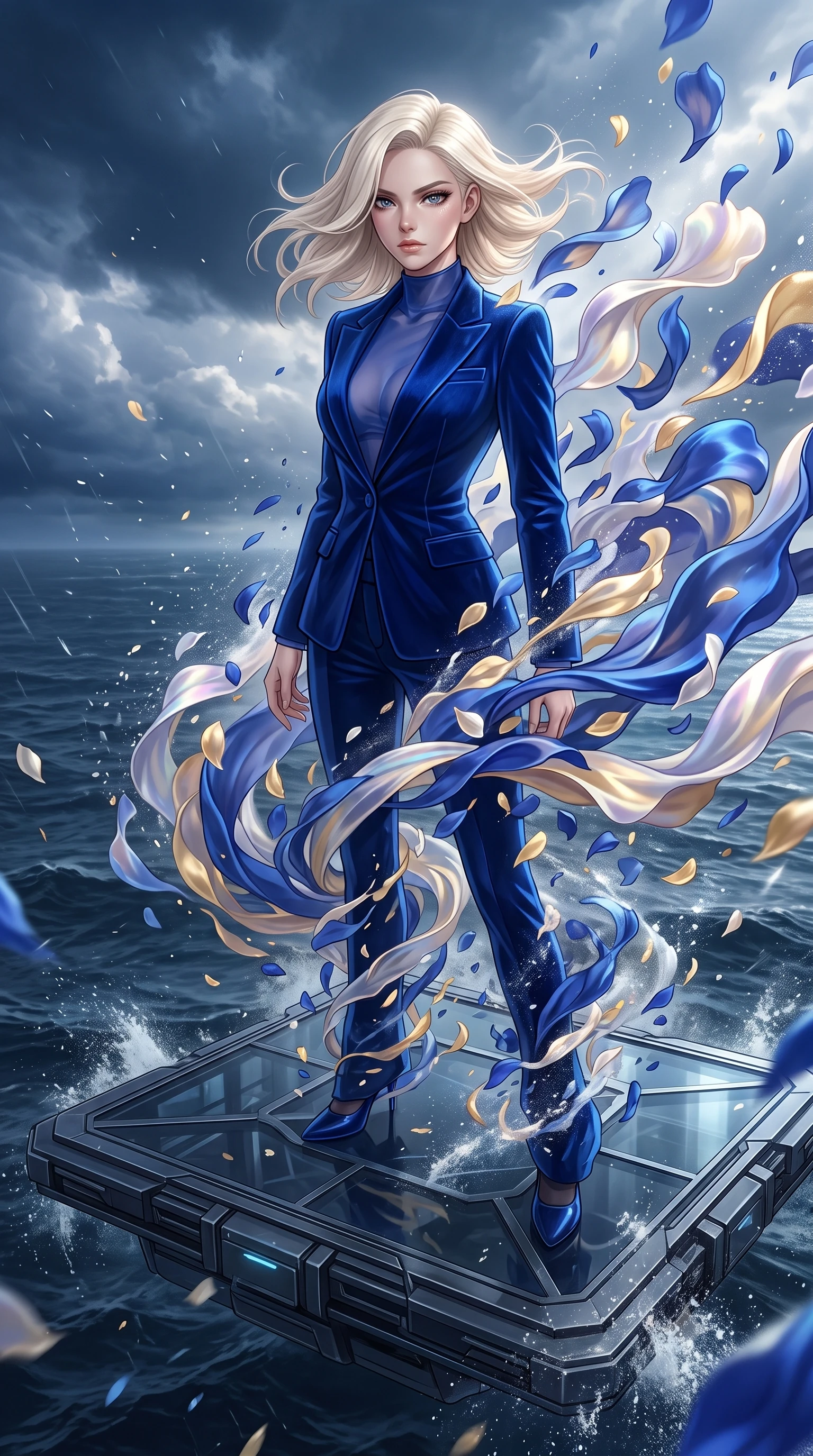 score_9, masterpiece, best quality, ultra-detailed, High-budget Anime Keyframe, Caucasian woman, strictly human ears. Low angle cowboy shot filling the entire 9:16 frame with her statuesque presence. Scenario 419: dissolving into a cloud of iridescent silk petals inside a floating platform suspended over a stormy sea of dark blue water. Her presence is magnetic and overpowering in this high-budget anime scene. Outfit 419: a form-contouring cobalt blue sheer organza jacket layered under a structured velvet blazer. The clothing is designed to emphasize her exceptionally tall and slender 8-heads proportion. 8-heads proportion, towering silhouette, ultra-slim waist. sharp v-shaped jawline, intricate jewel-like eyes with depth, thick eyelashes, glossy lips. 2k, ultra detail, master piece, 9:16 ratio